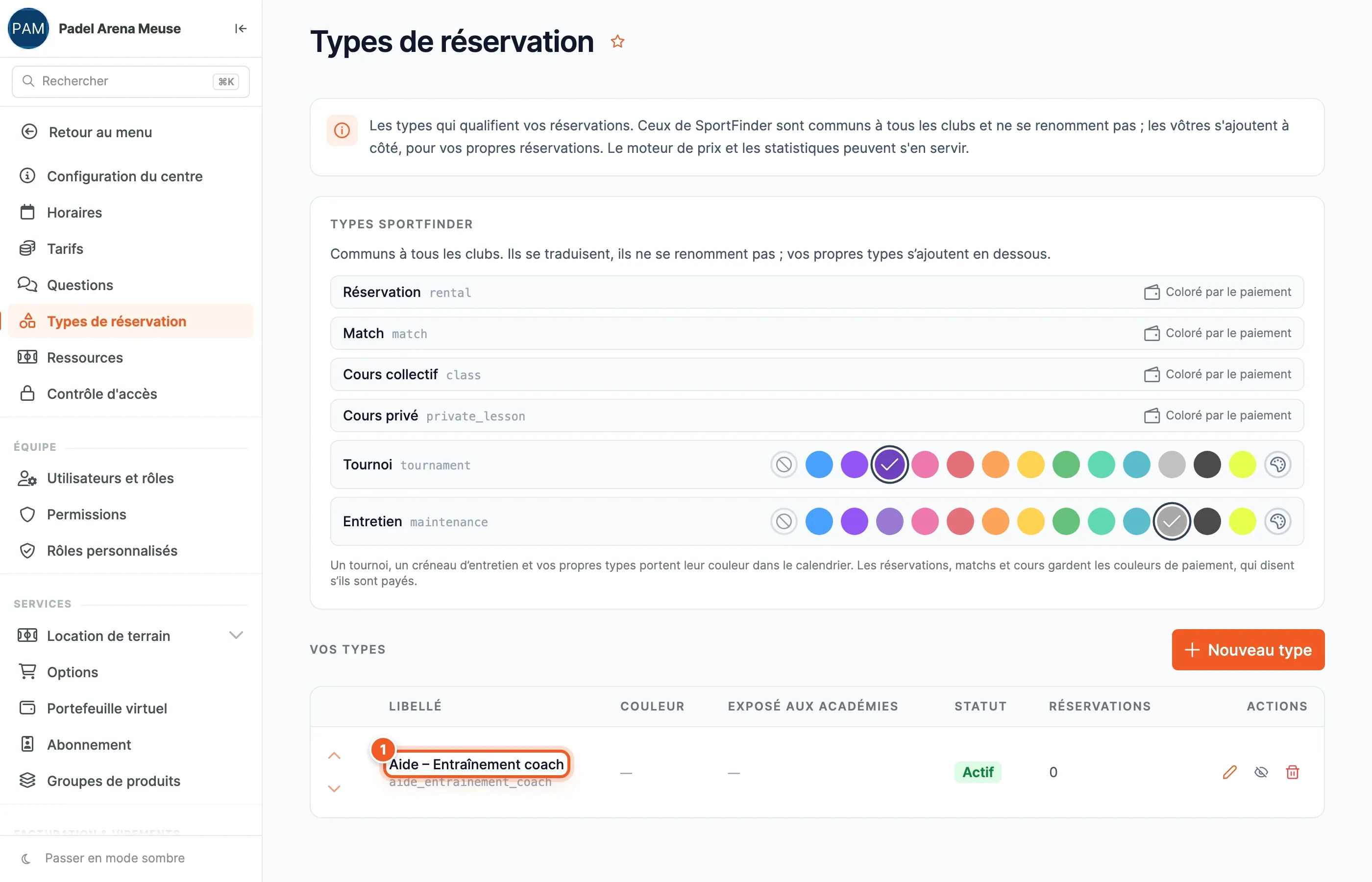 Liste Vos types : le nouveau type créé (1), avec sa couleur, son statut Actif et son nombre de réservations