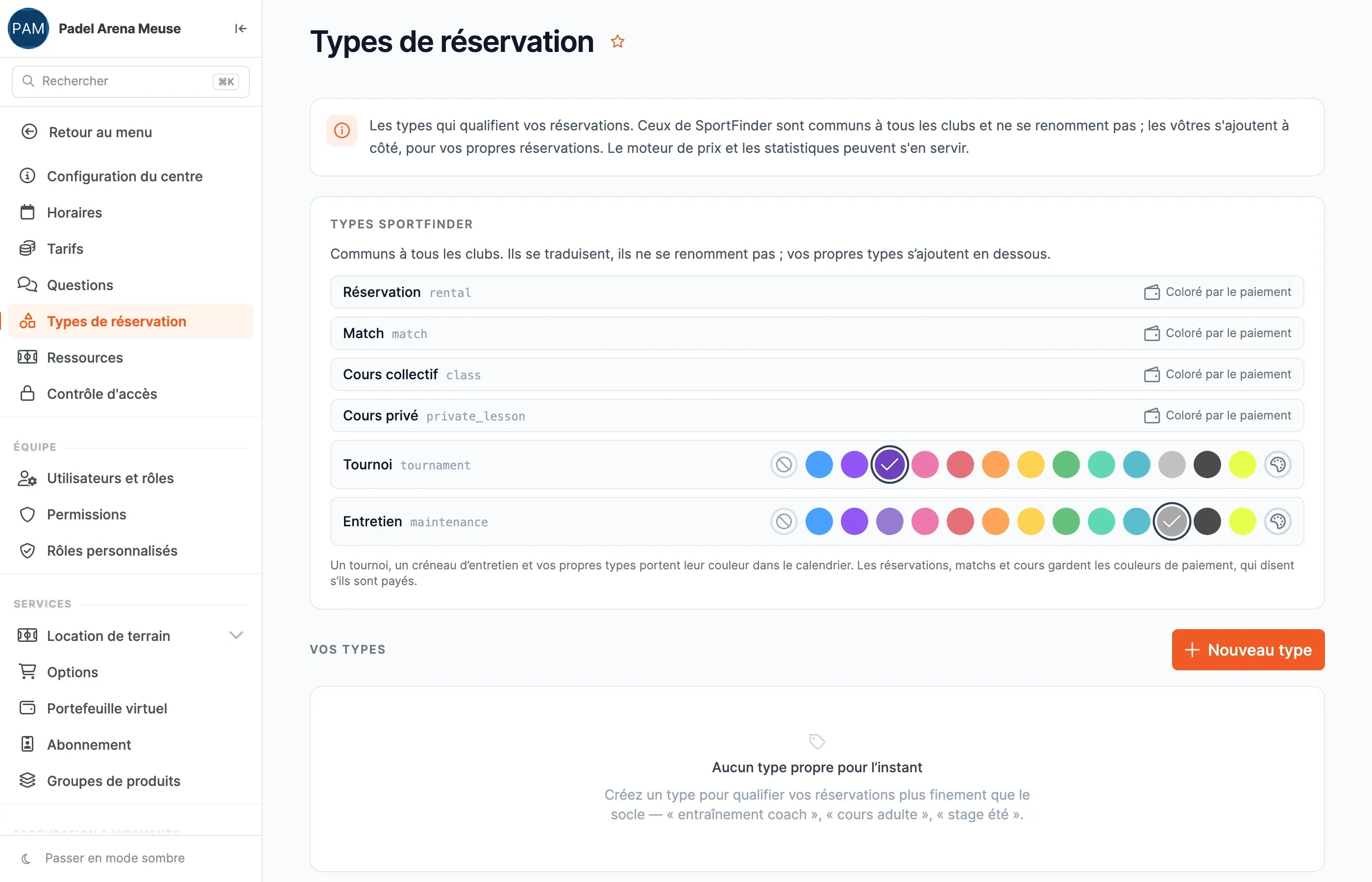 Page Types de réservation : les types SportFinder, dont Tournoi et Entretien avec leur couleur, et la section Vos types