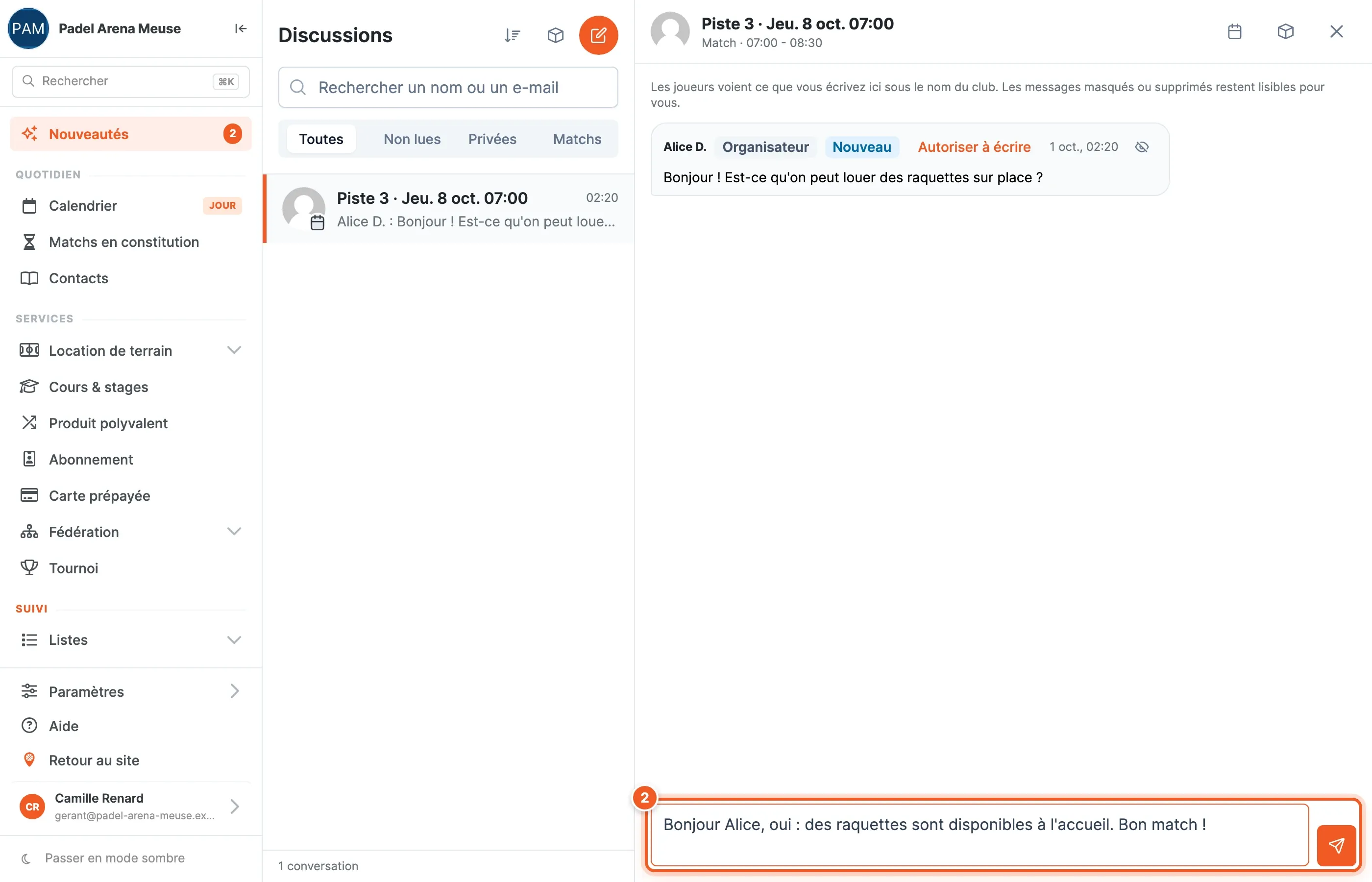 Conversation ouverte dans le back-office, réponse en cours de saisie dans le champ du bas repéré par le chiffre 2