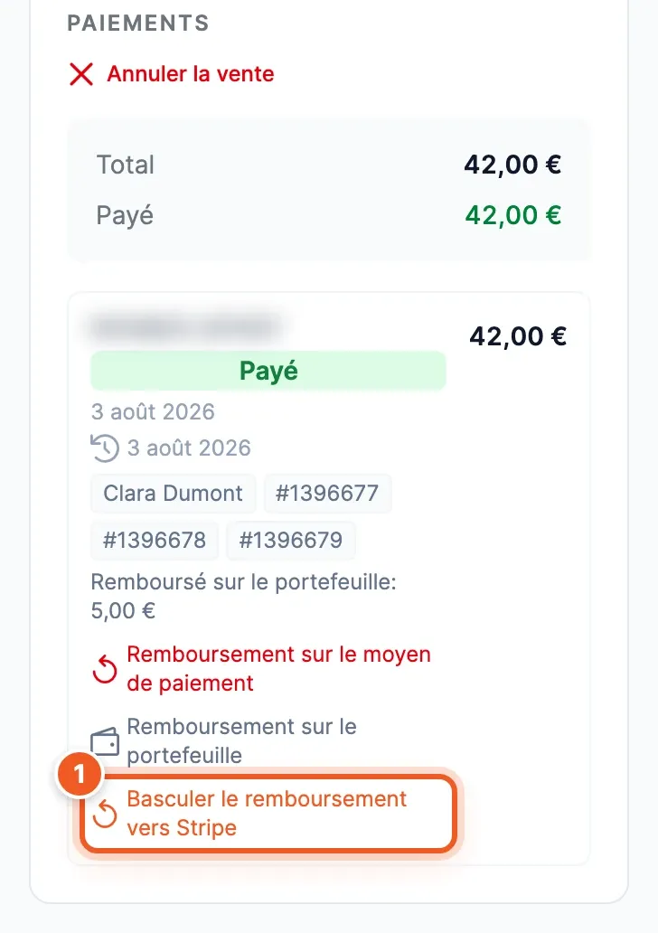 Section Paiements d'une fiche de vente : un paiement « Remboursé sur le portefeuille : 5,00 € » et le lien « Basculer le remboursement vers Stripe » (1)