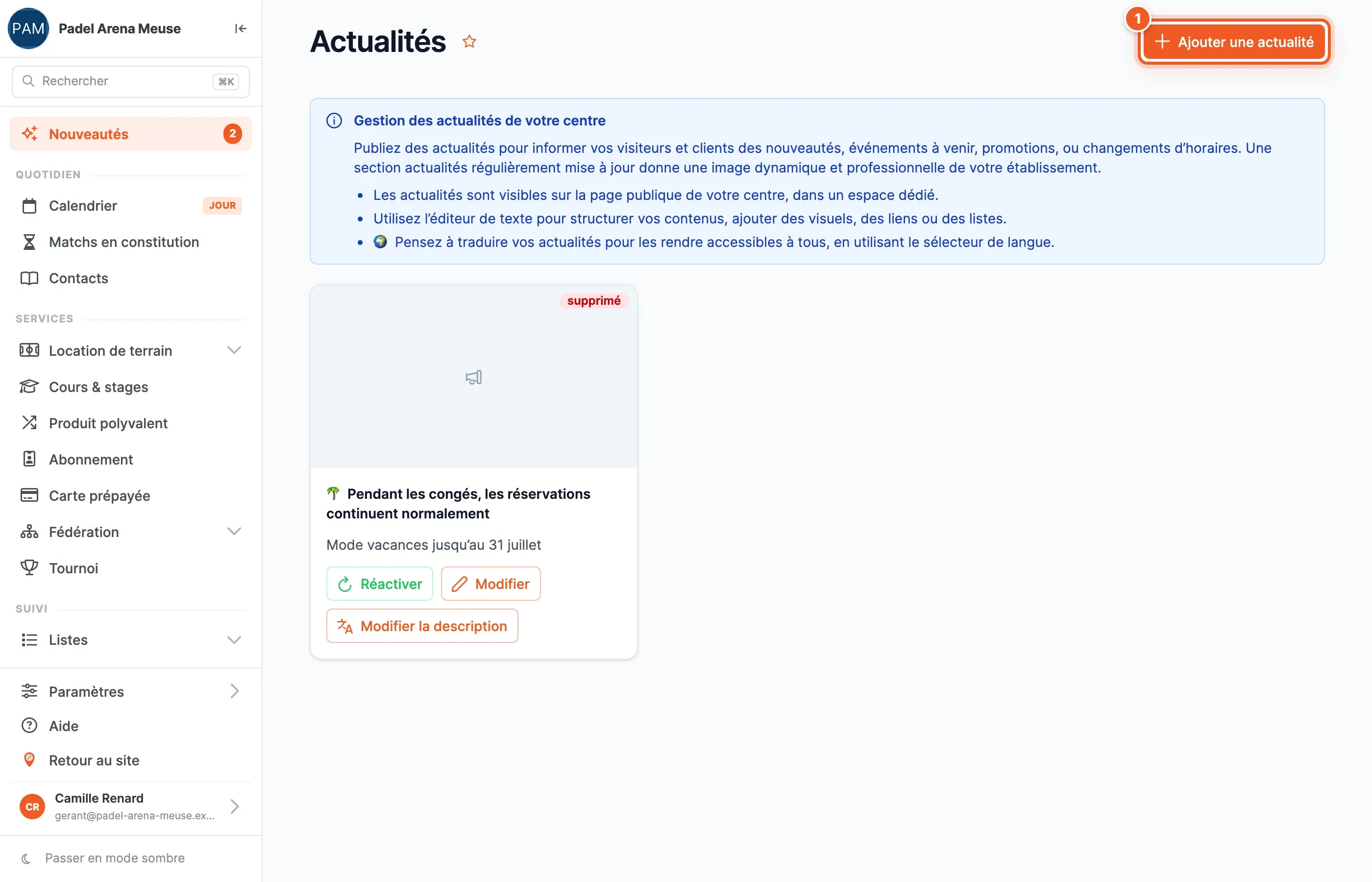 La page Actualités avec son aide et le bouton Ajouter une actualité numéroté 1