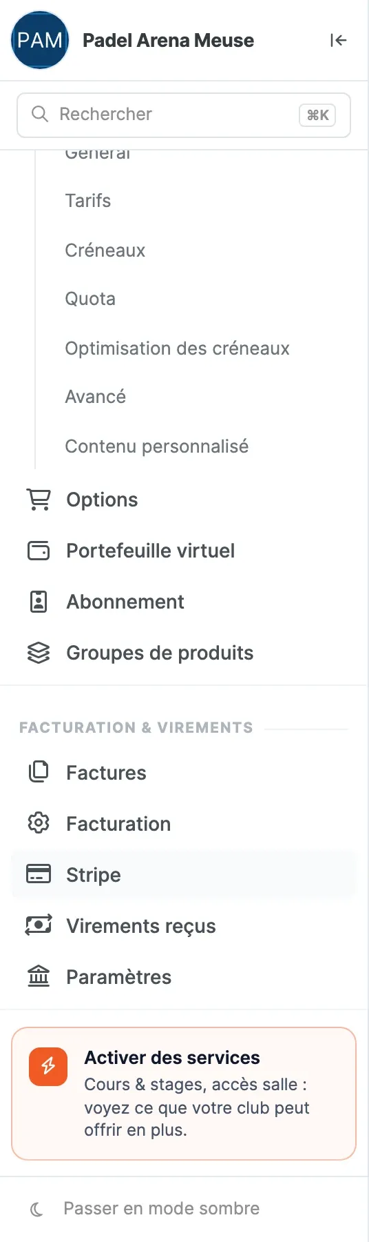 Bas du menu Paramètres : la section Facturation & virements et le bloc Activer des services
