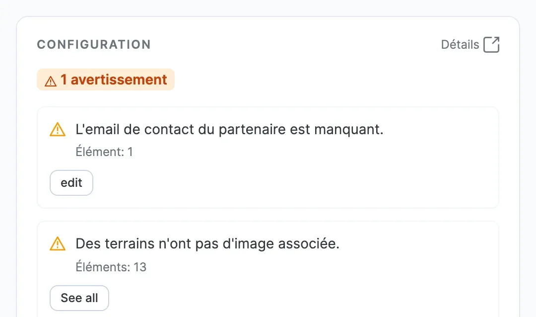 Carte « Configuration » de l'accueil : un avertissement et la liste des points à corriger, avec le lien Détails