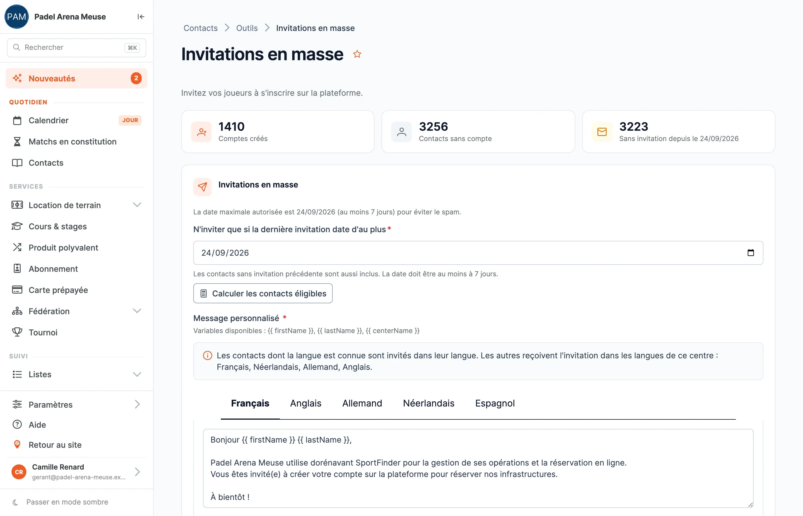 Les compteurs de la page Invitations en masse : comptes créés, contacts sans compte, sans invitation depuis une date