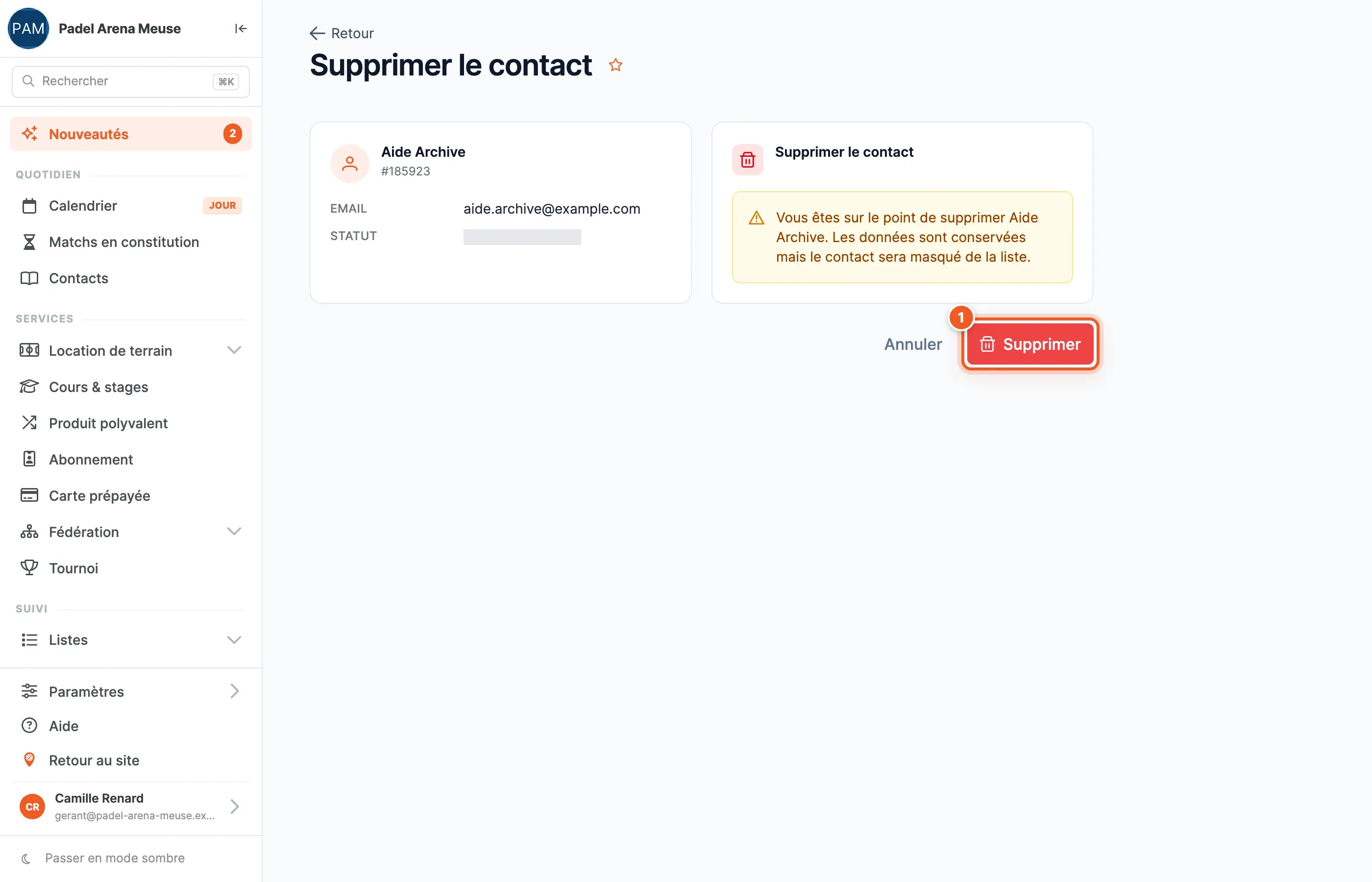 La page de confirmation Supprimer le contact