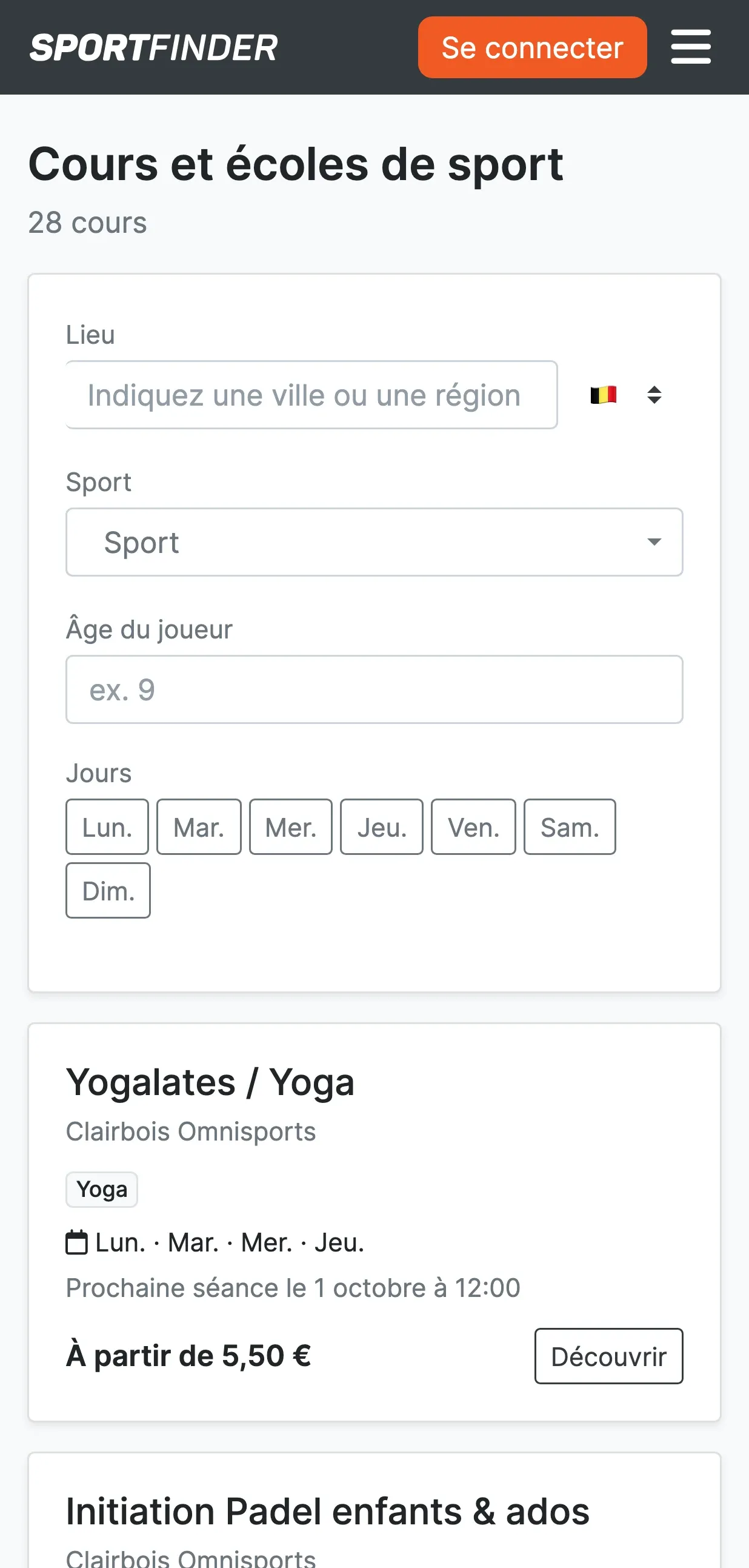 Page « Cours et écoles de sport », 28 cours : filtres Lieu, Sport, Âge du joueur (ex. 9) et Jours (Lun. à Dim.), puis la première carte de cours.