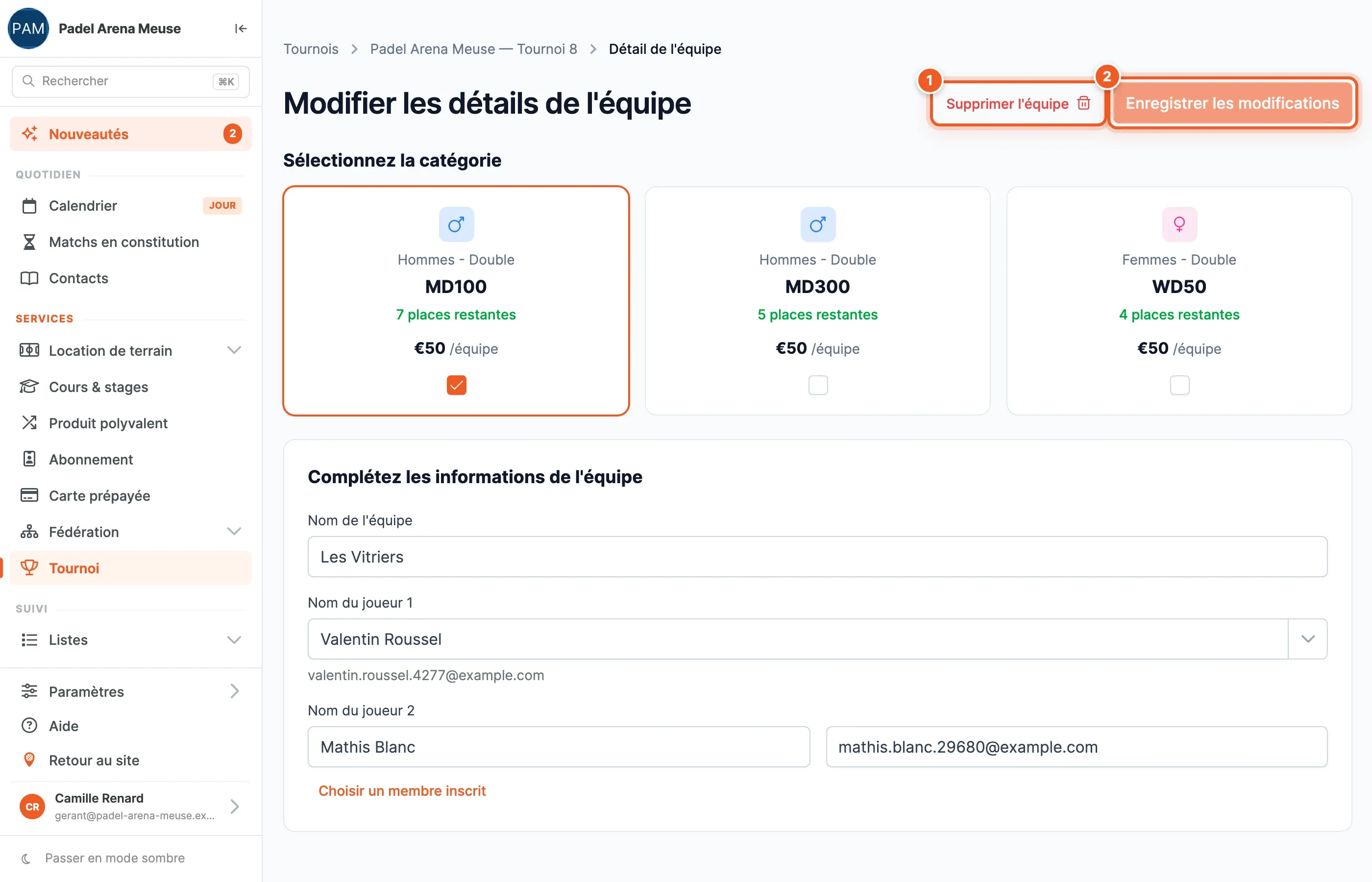 L'écran Modifier les détails de l'équipe : la catégorie, le nom de l'équipe, les deux joueurs, et les boutons Supprimer l'équipe et Enregistrer les modifications