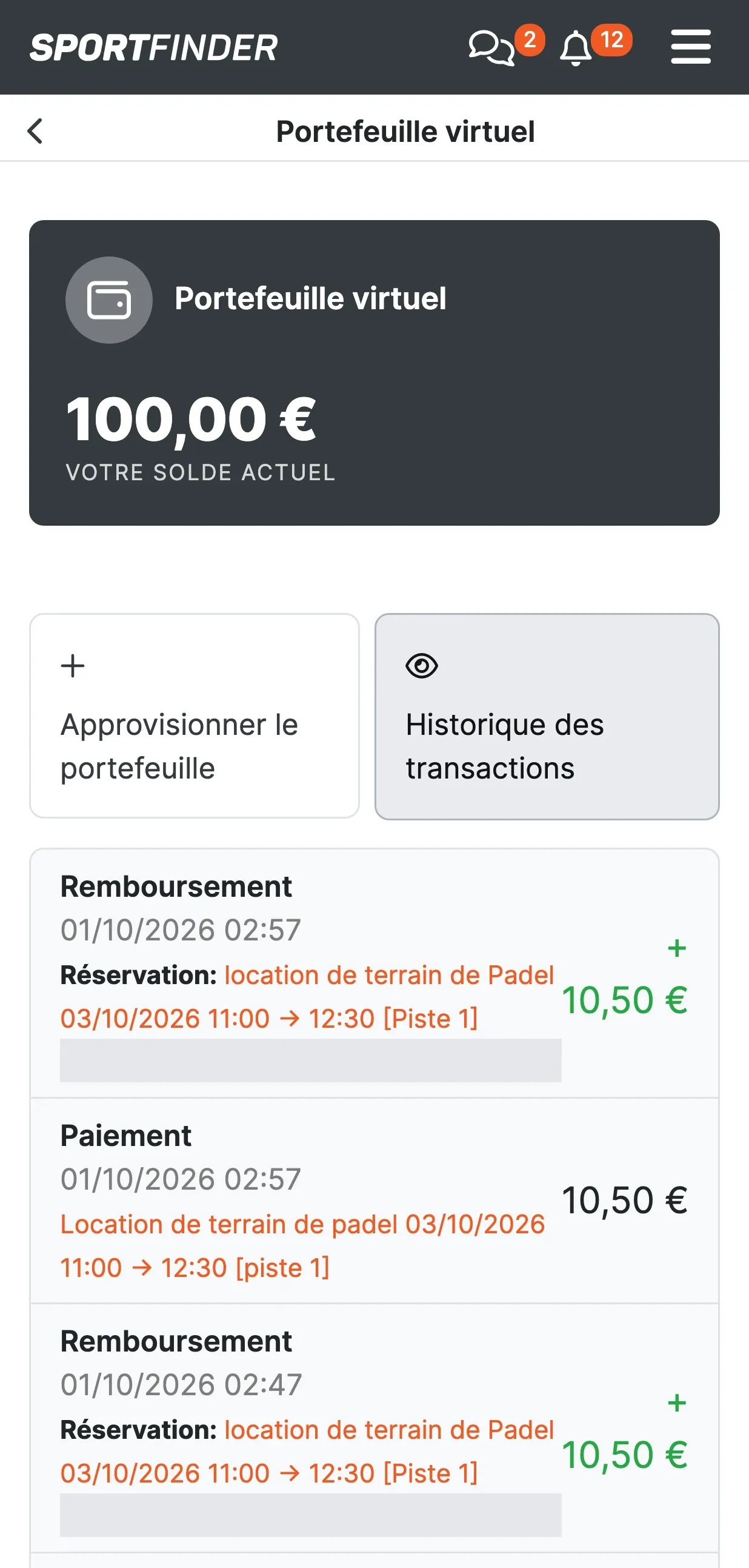 Onglet « Historique des transactions » du portefeuille : la liste des mouvements avec leur type et leur montant.