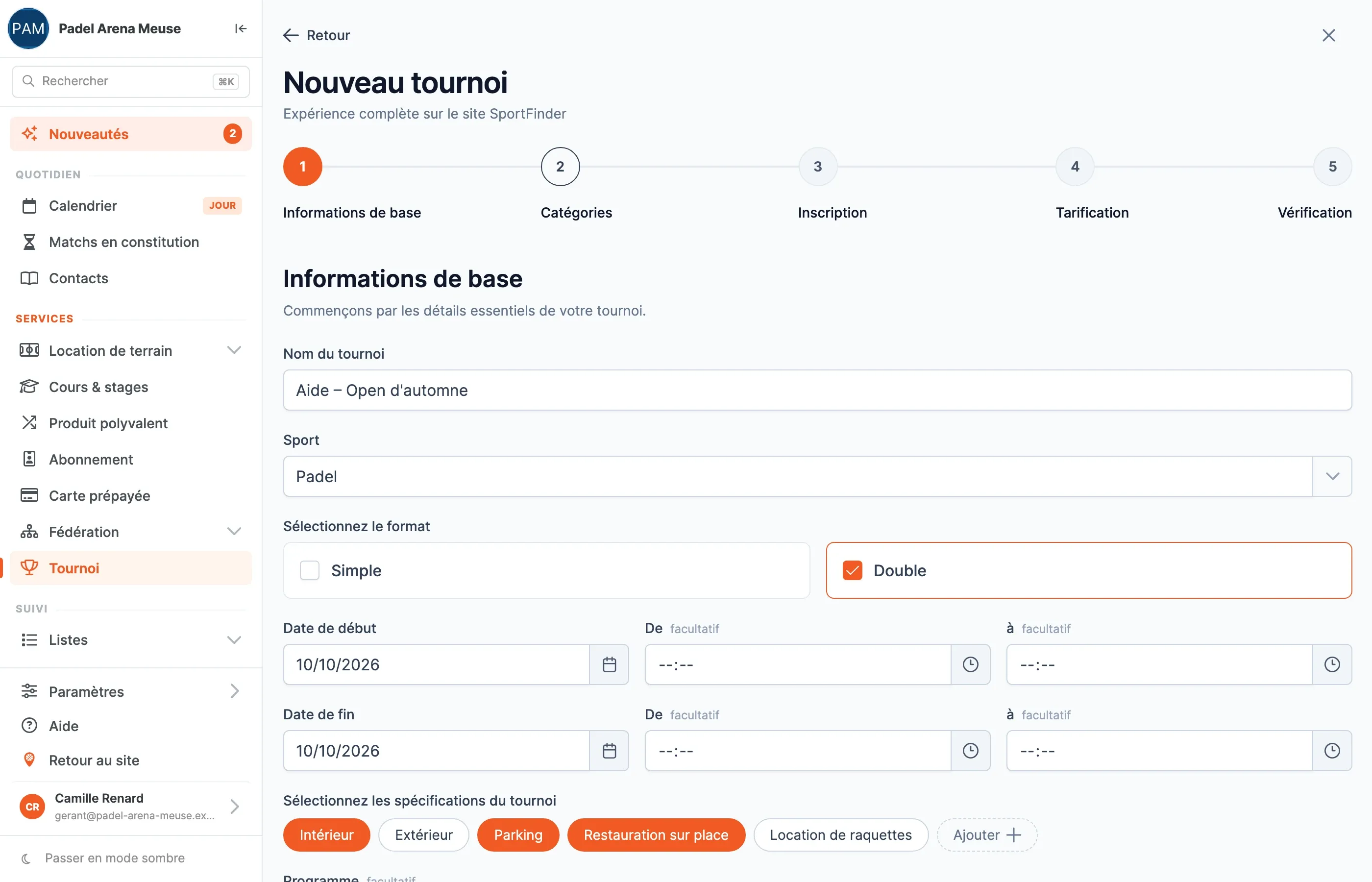 L'étape Informations de base : le nom « Aide – Open d'automne », le sport Padel, le format Double coché, les dates de début et de fin