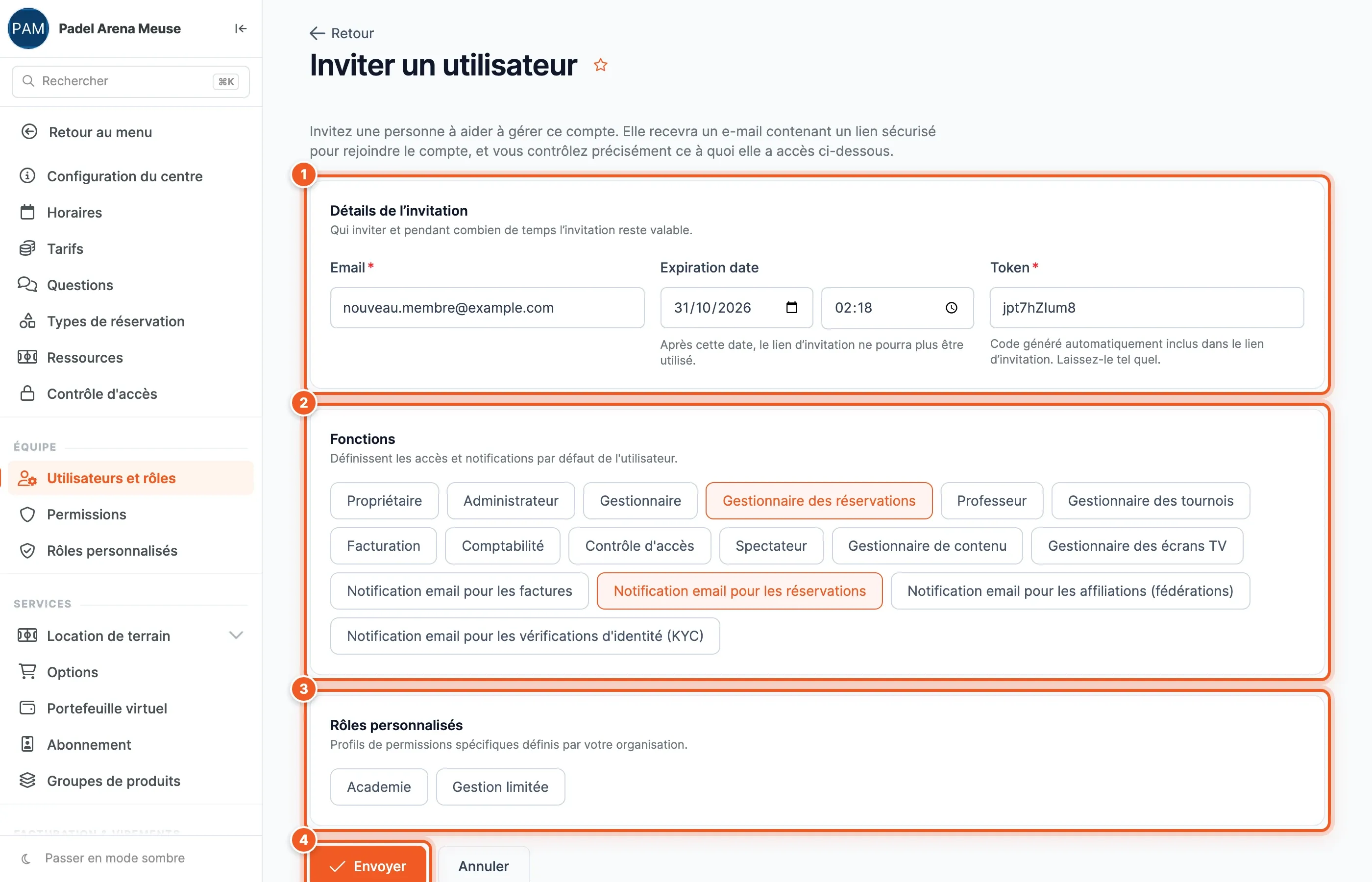 Formulaire Inviter un utilisateur : Détails de l'invitation avec l'e-mail (1), Fonctions avec Gestionnaire des réservations et Notification email pour les réservations cochées (2), Rôles personnalisés (3), bouton Envoyer (4)
