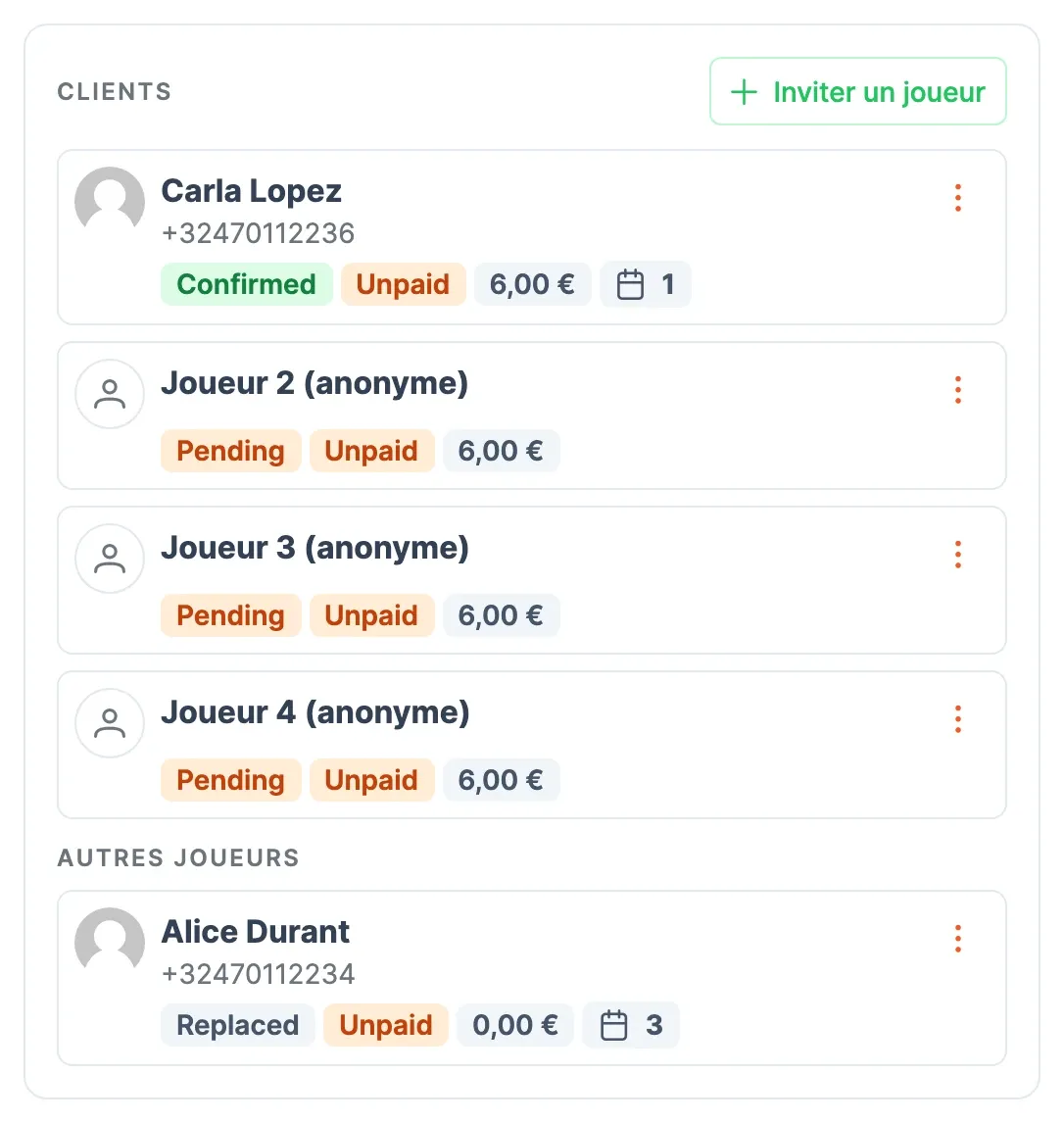 Bloc Clients après le remplacement : Carla Lopez occupe la place avec sa part de 6,00 €, Alice Durant figure sous Autres joueurs comme remplacée, sa part ramenée à 0,00 €