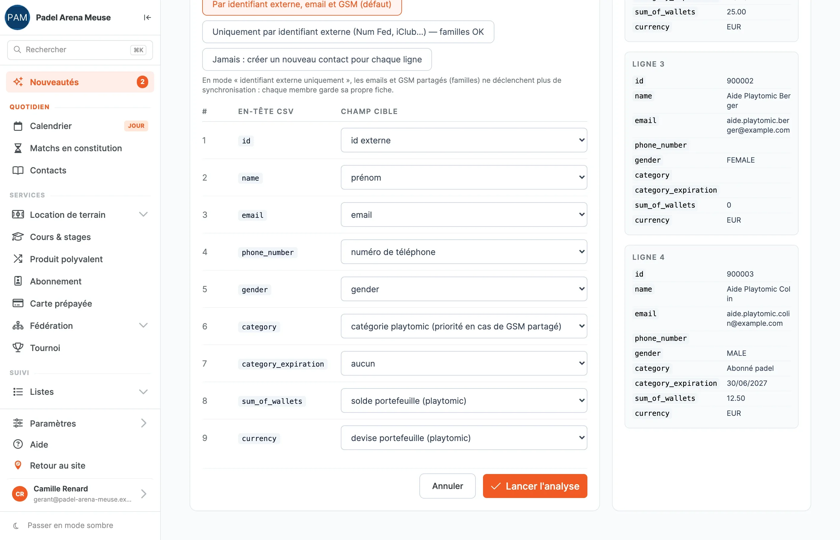 L’aperçu des lignes d’un export Playtomic et le bouton Lancer l’analyse