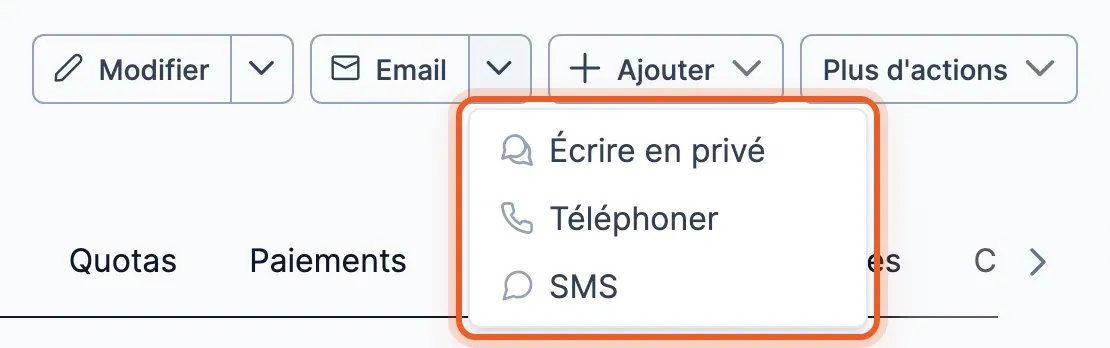Le menu du bouton Email : Écrire en privé, Téléphoner, SMS