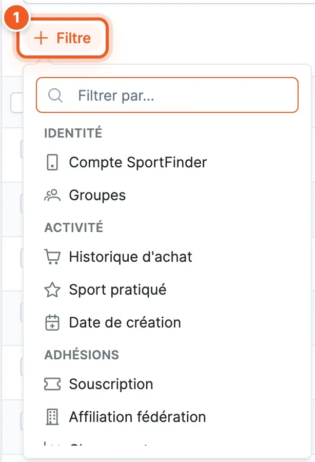 Le menu du bouton Filtre, qui liste les filtres disponibles
