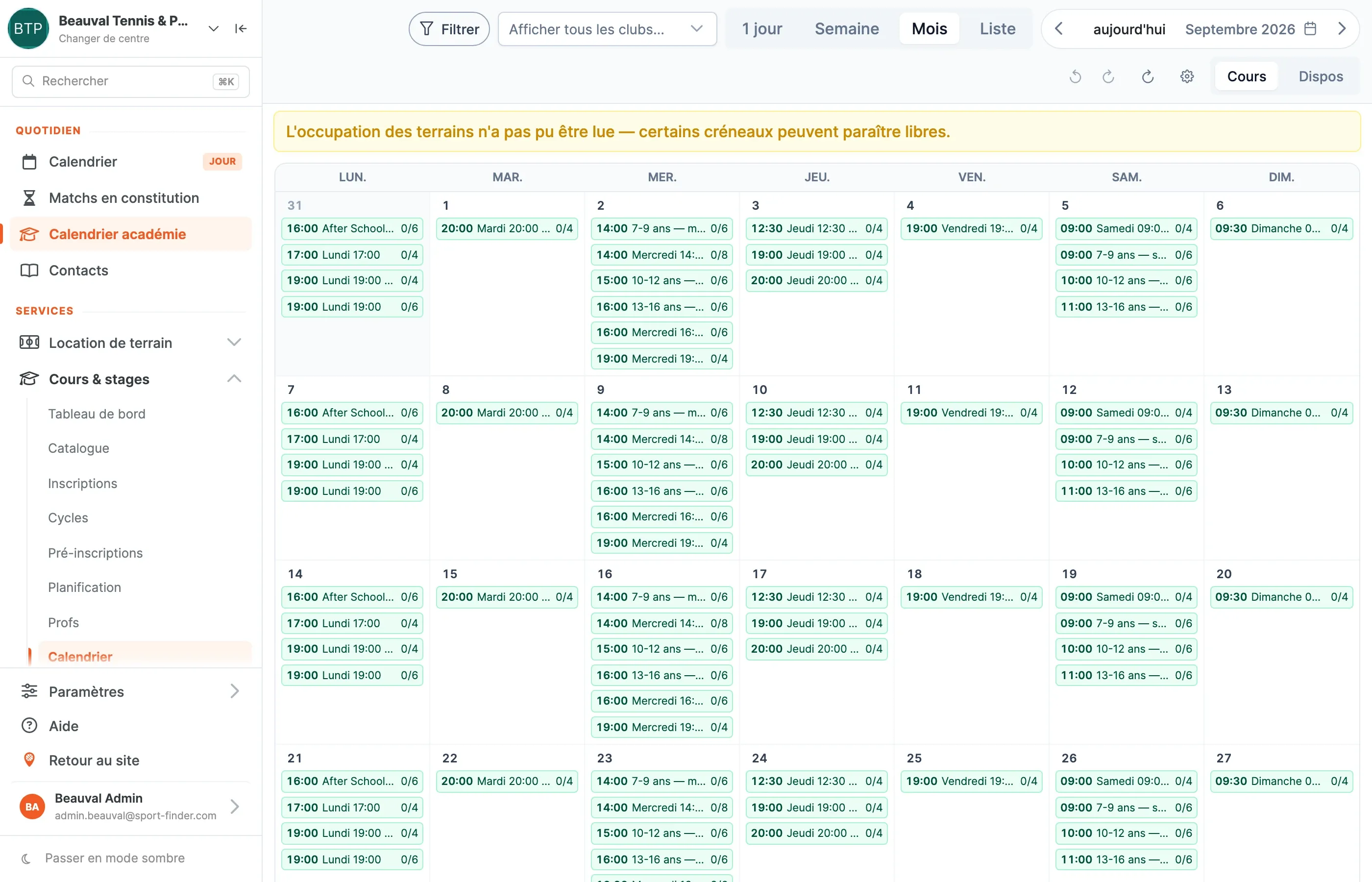 Le calendrier académie en vue Mois