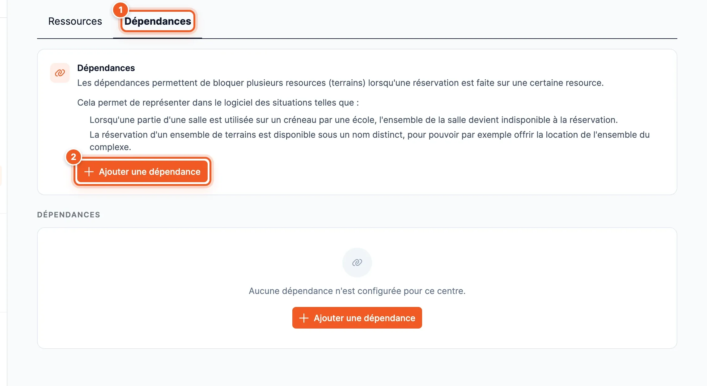 Onglet Dépendances : explication et bouton Ajouter une dépendance ; aucune dépendance configurée
