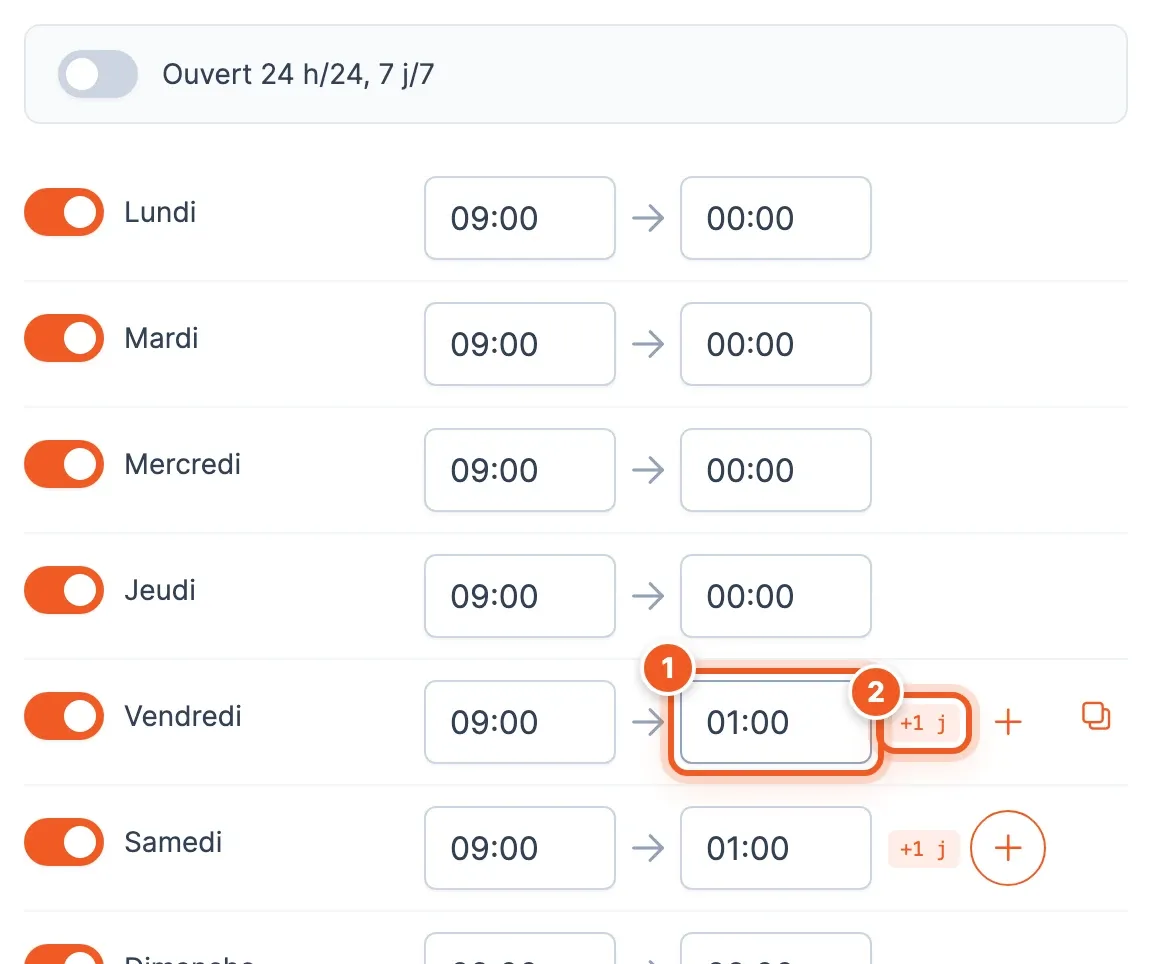 Vendredi et samedi de 09:00 à 01:00 : l’heure de fin (1) et le badge +1 j (2) ; l’aperçu montre la nuit du samedi au dimanche jusqu’à 1 h