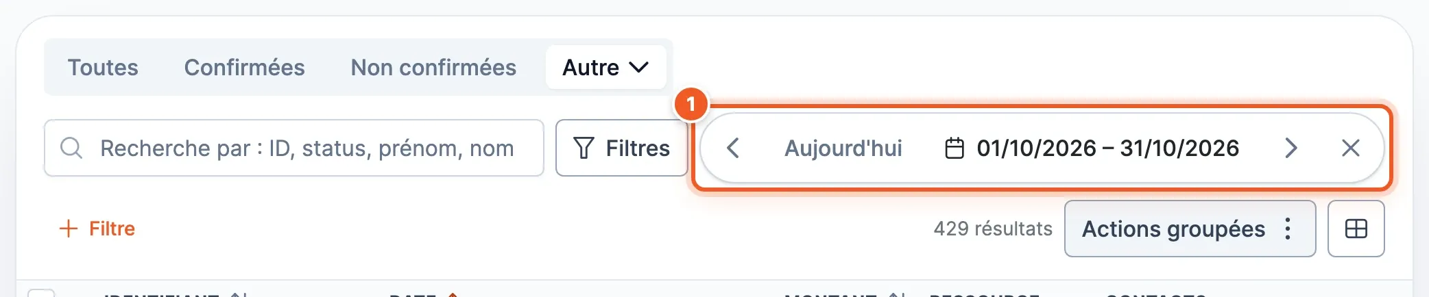 La navigation par période (1) positionnée sur le mois en cours, avec les flèches précédent et suivant