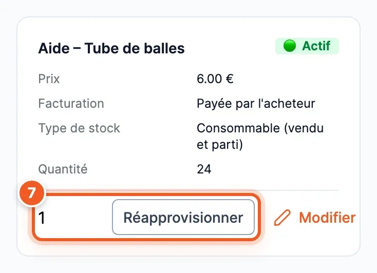 Carte de l'option « Aide – Tube de balles » : le champ « Quantité reçue » et le bouton « Réapprovisionner ».