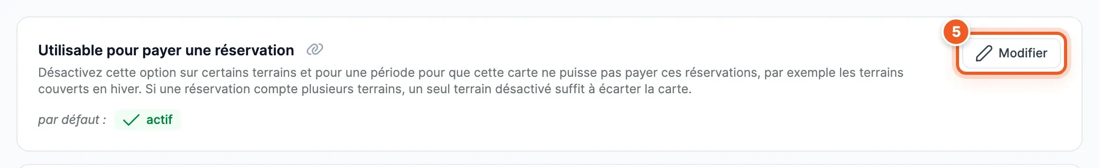 Onglet Configuration de la carte : la carte « Utilisable pour payer une réservation », active par défaut, avec son explication et son bouton Modifier.