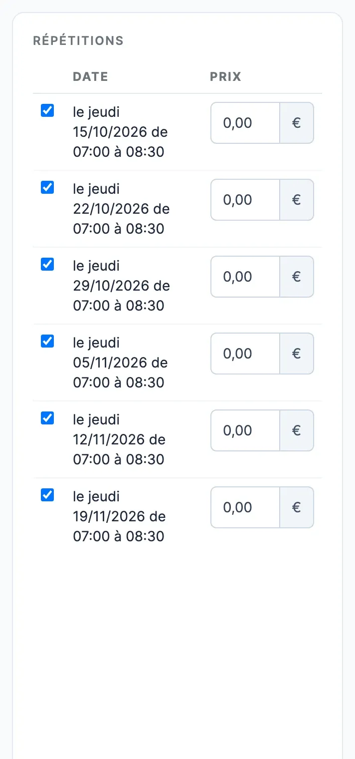 Tableau Répétitions : une ligne par date, avec une case à cocher et le prix de chaque répétition