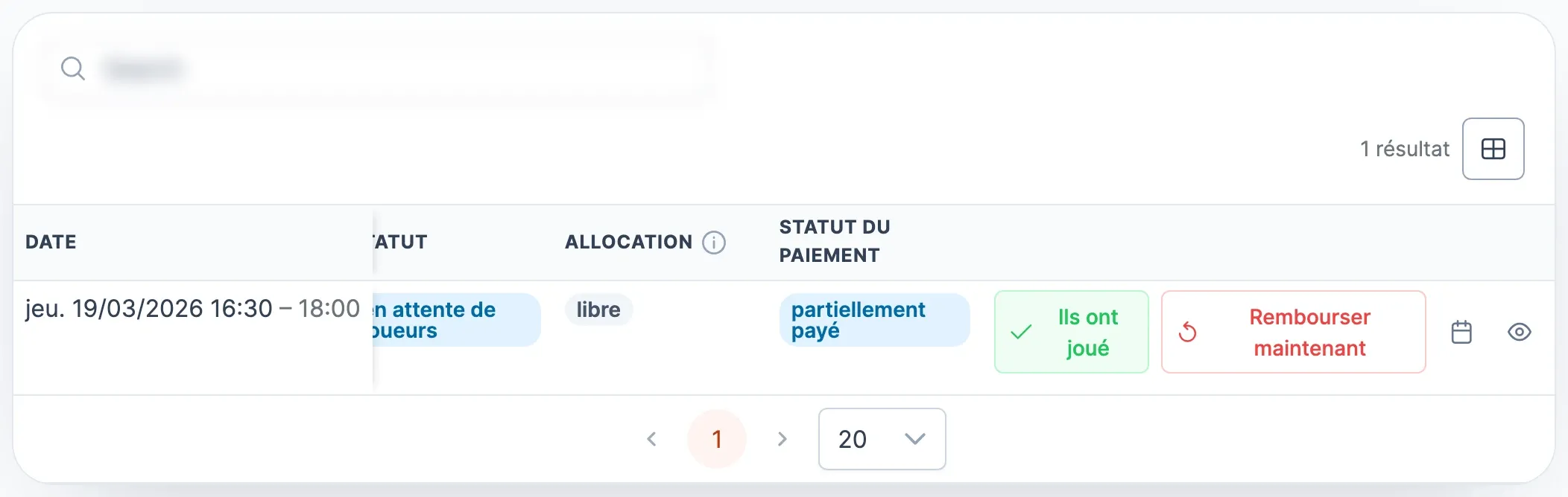 Tableau des réservations passées à clôturer : une réservation partiellement payée, avec les boutons « Ils ont joué » et « Rembourser maintenant »