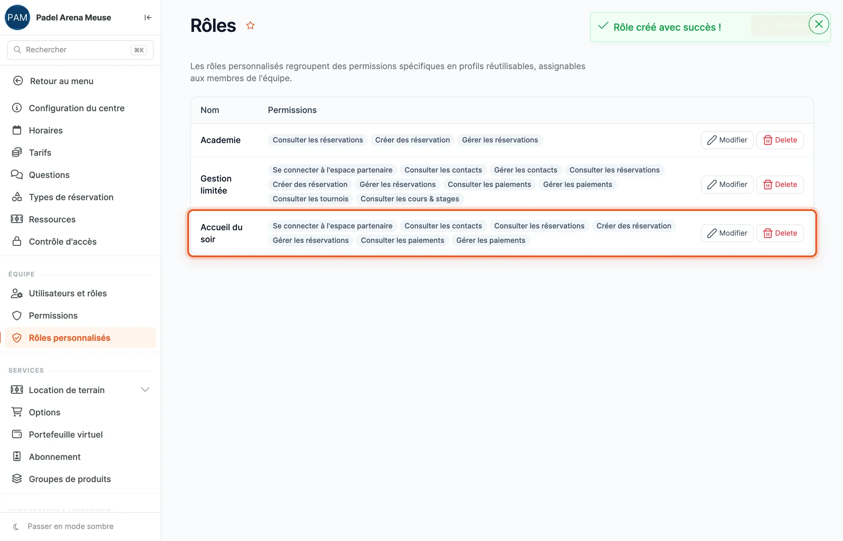 Liste des rôles : le nouveau rôle Accueil du soir et ses permissions en étiquettes