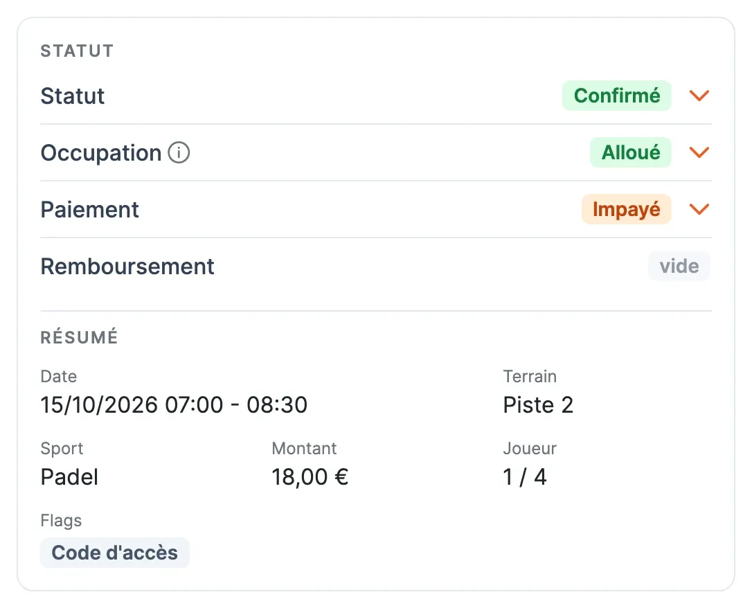 Bloc Statut : lignes Statut, Occupation, Paiement et Remboursement, puis le résumé Date, Terrain, Sport, Montant et Joueurs