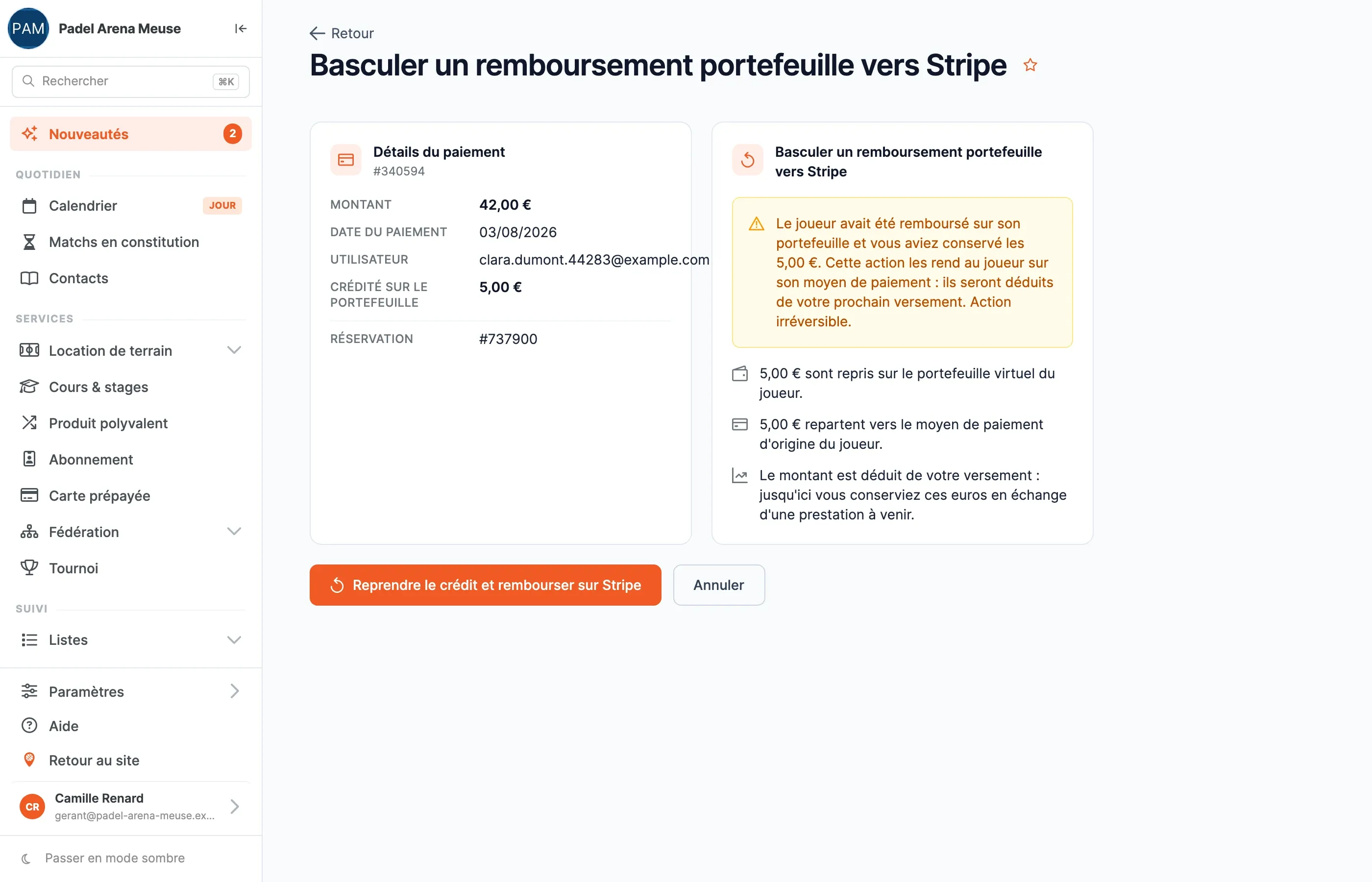 Page « Basculer un remboursement portefeuille vers Stripe » : avertissement, étapes de la bascule et bouton de confirmation