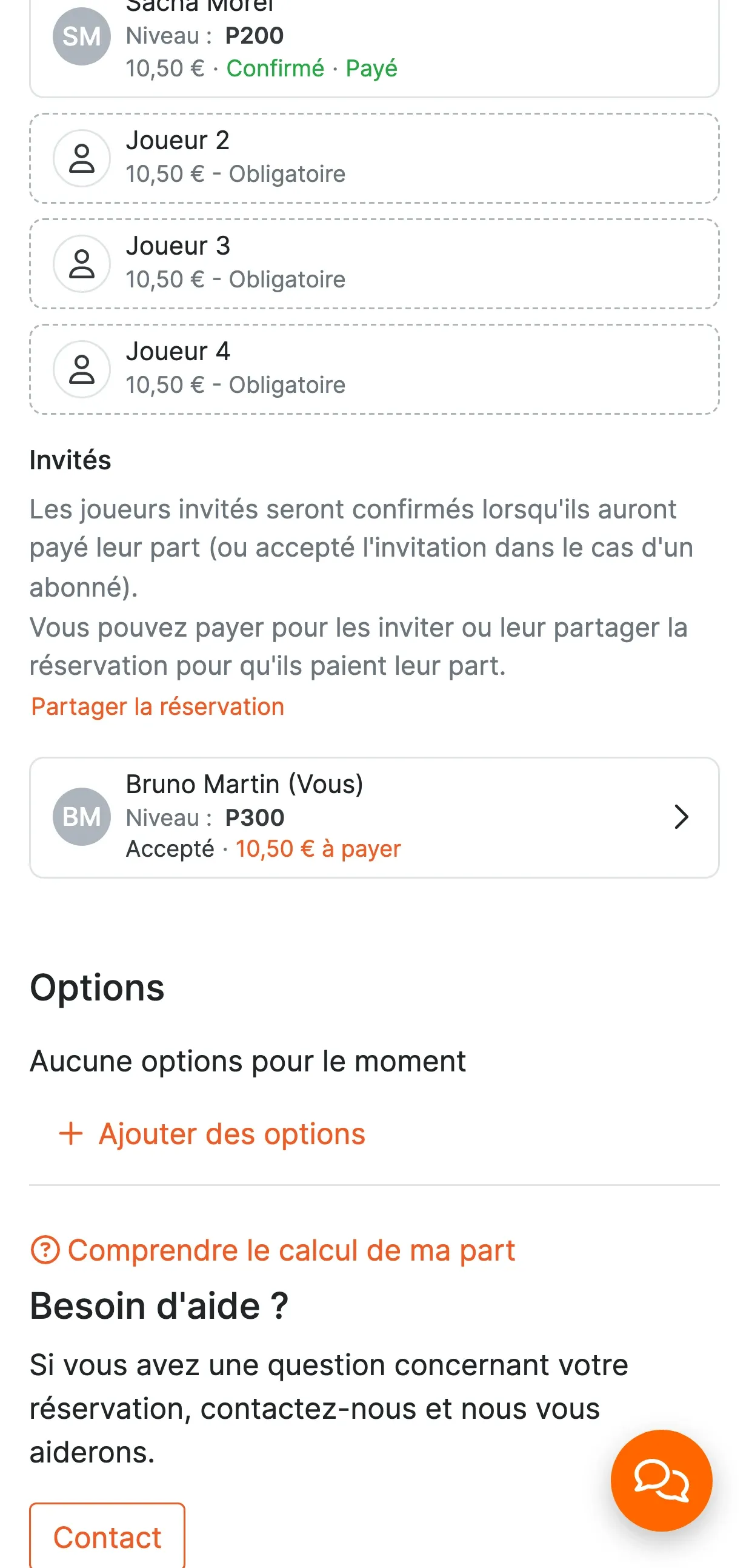 Page du match après avoir rejoint : les places libres, le bloc « Invités » et la ligne « Bruno Martin (Vous) — Niveau P300 — Accepté · 10,50 € à payer ».