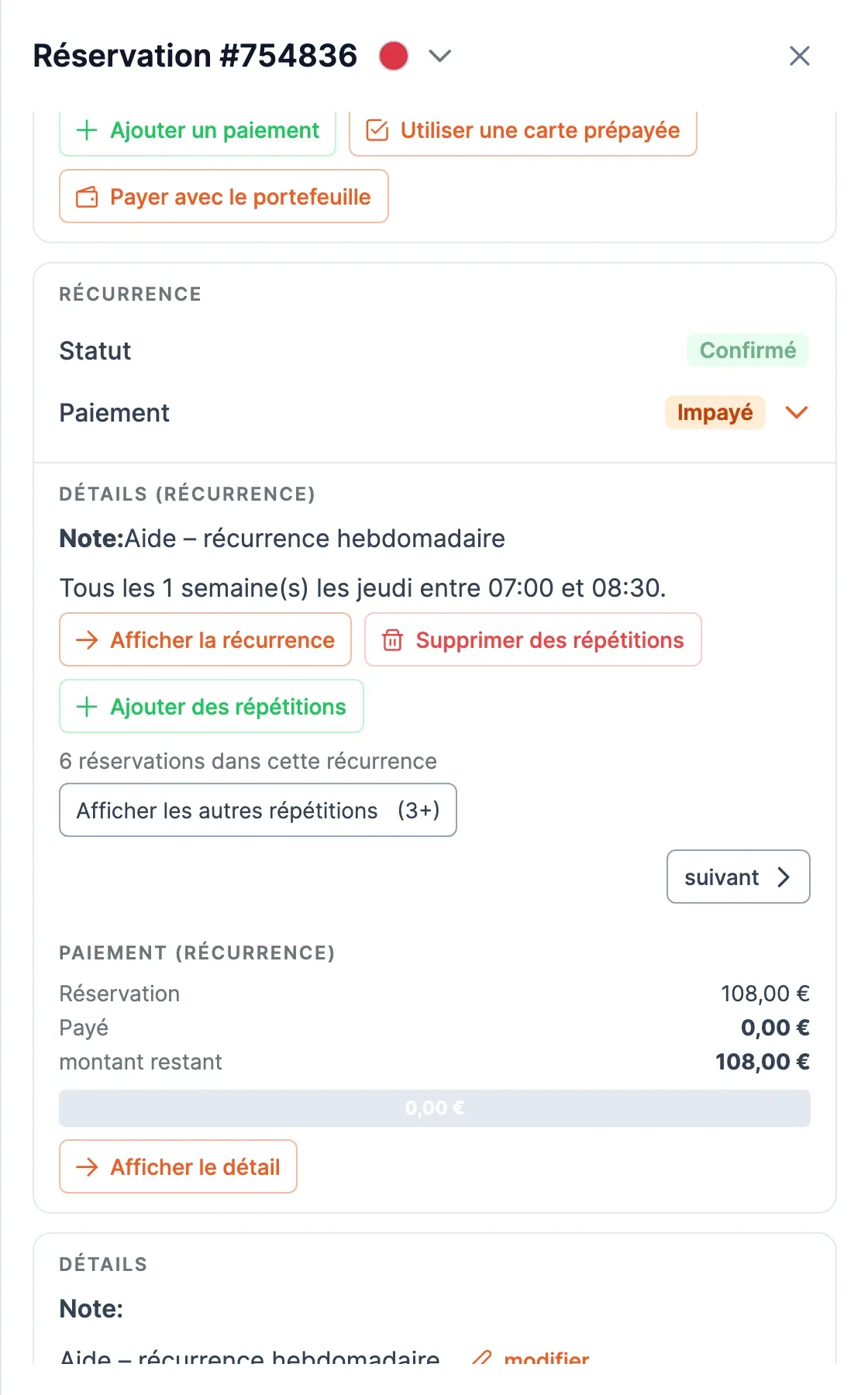 Panneau d'une répétition avec le bloc Récurrence : statut, paiement, résumé et boutons de la série
