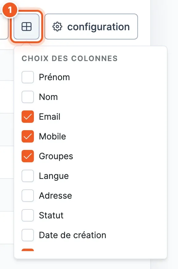 Le menu Choix des colonnes avec ses cases à cocher