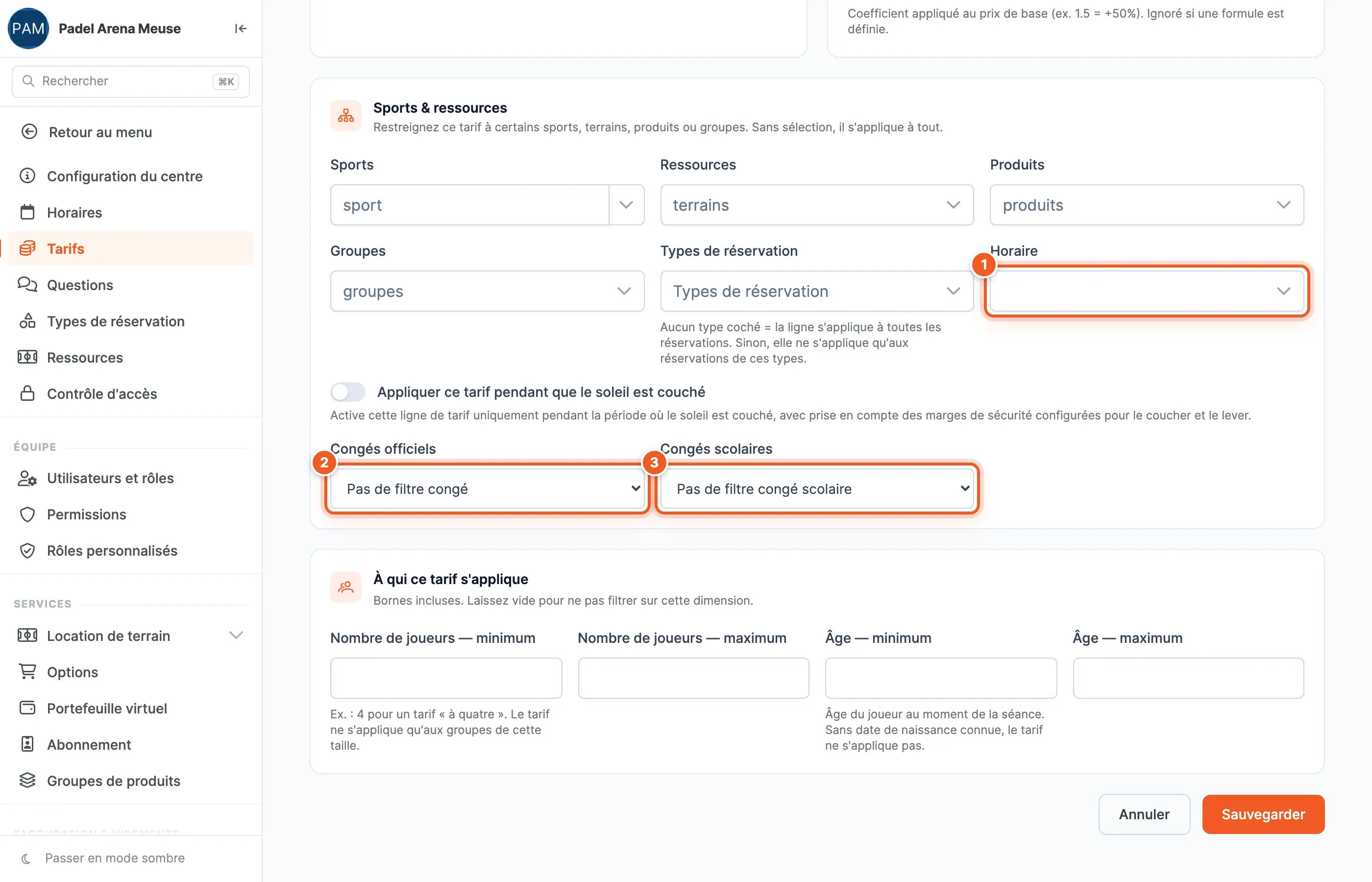 Conditions d’une ligne : Horaire (1), Congés officiels (2), Congés scolaires (3), soleil couché, nombre de joueurs et âge