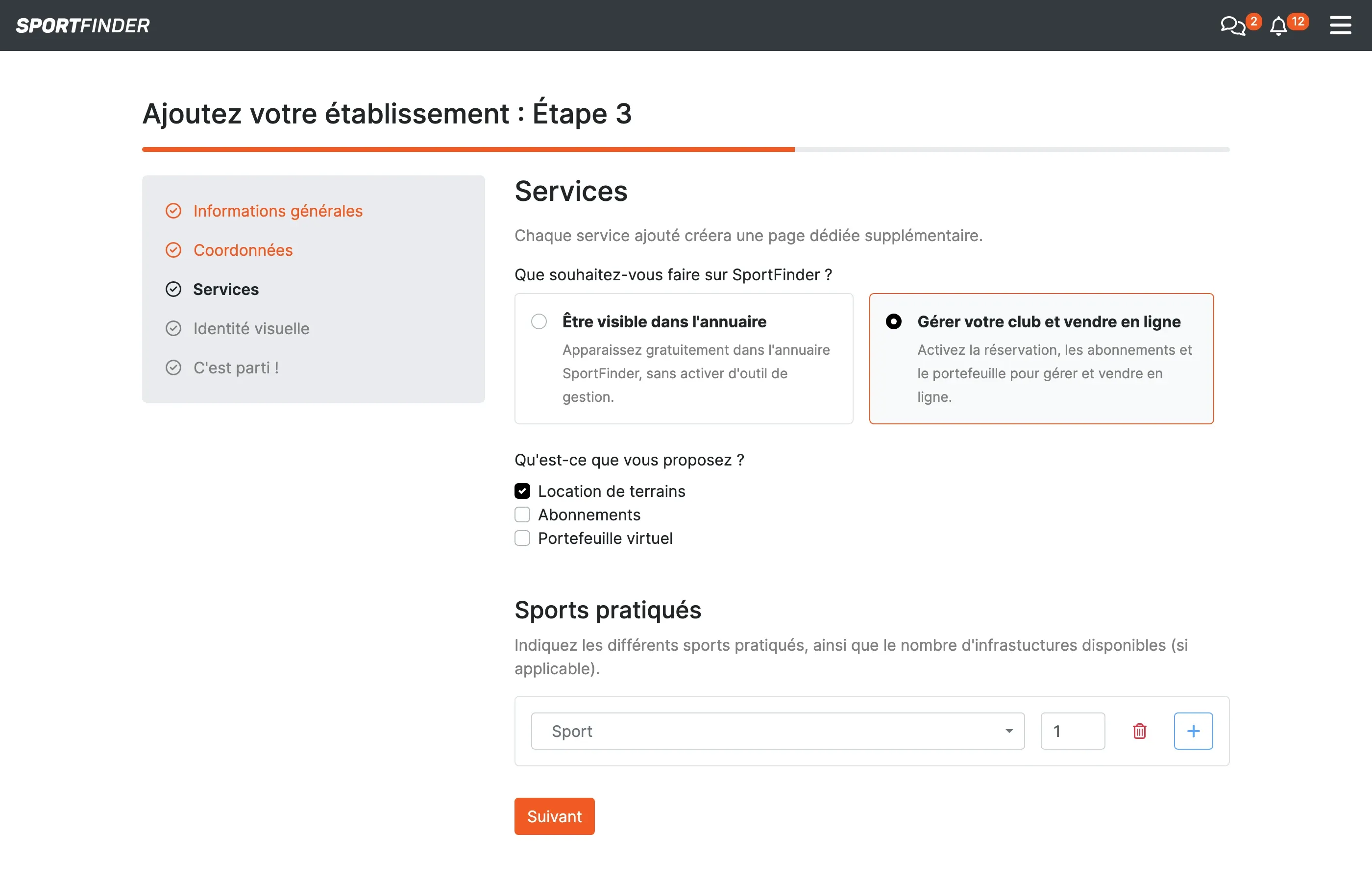 Étape 3 : le choix entre « Être visible dans l'annuaire » et « Gérer votre club et vendre en ligne », puis les services et les sports
