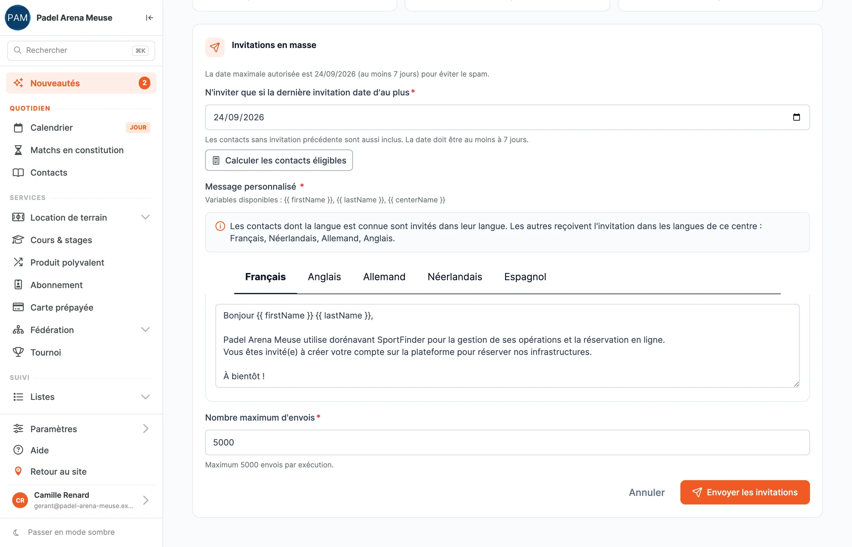 Le formulaire Invitations en masse : date de la dernière invitation, message personnalisé par langue et nombre maximum d’envois