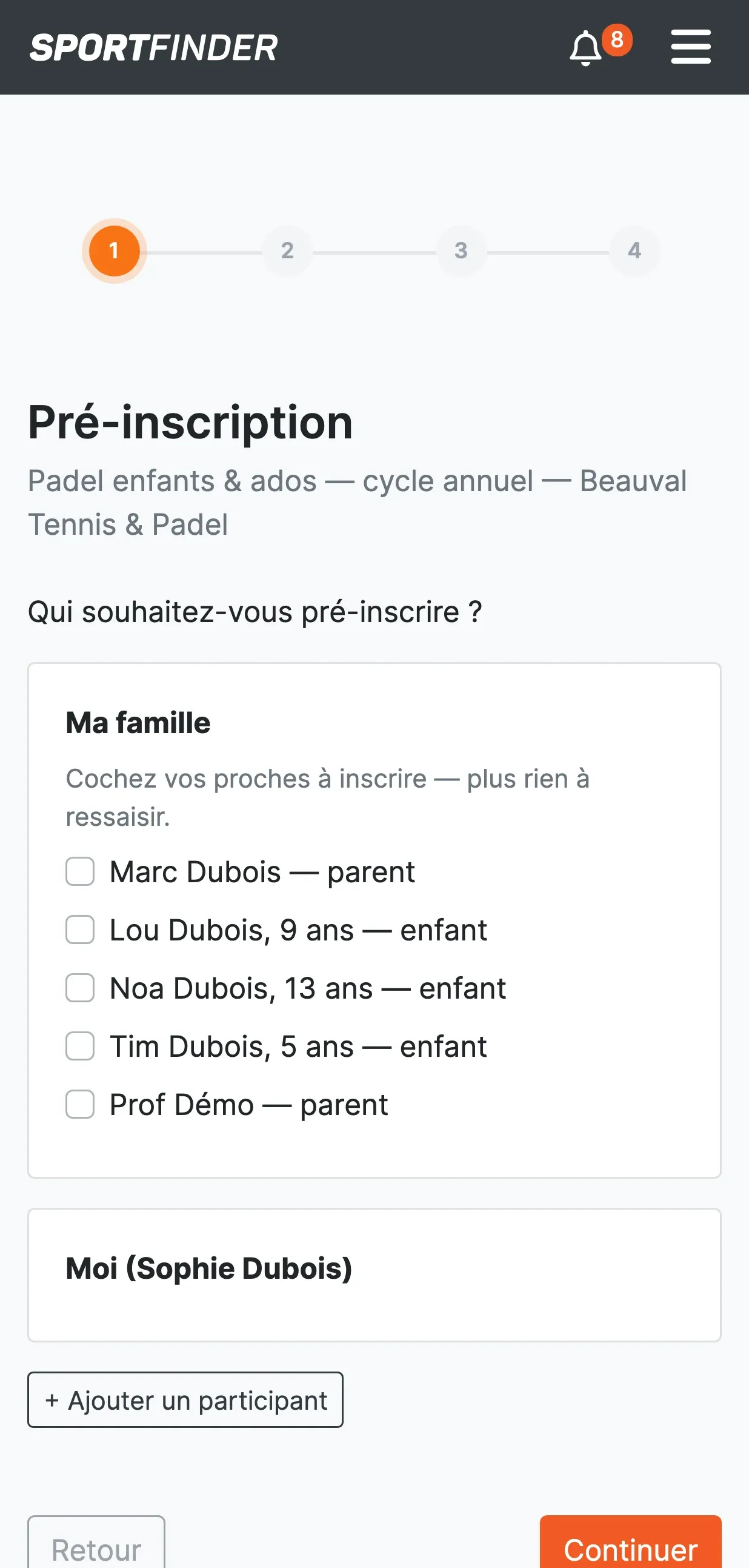 Pré-inscription, étape 1 sur 4 : « Qui souhaitez-vous pré-inscrire ? » avec le bloc « Ma famille » (cases non cochées), le bloc « Moi (Sophie Dubois) », « Ajouter un participant » et les boutons Retour et Continuer.