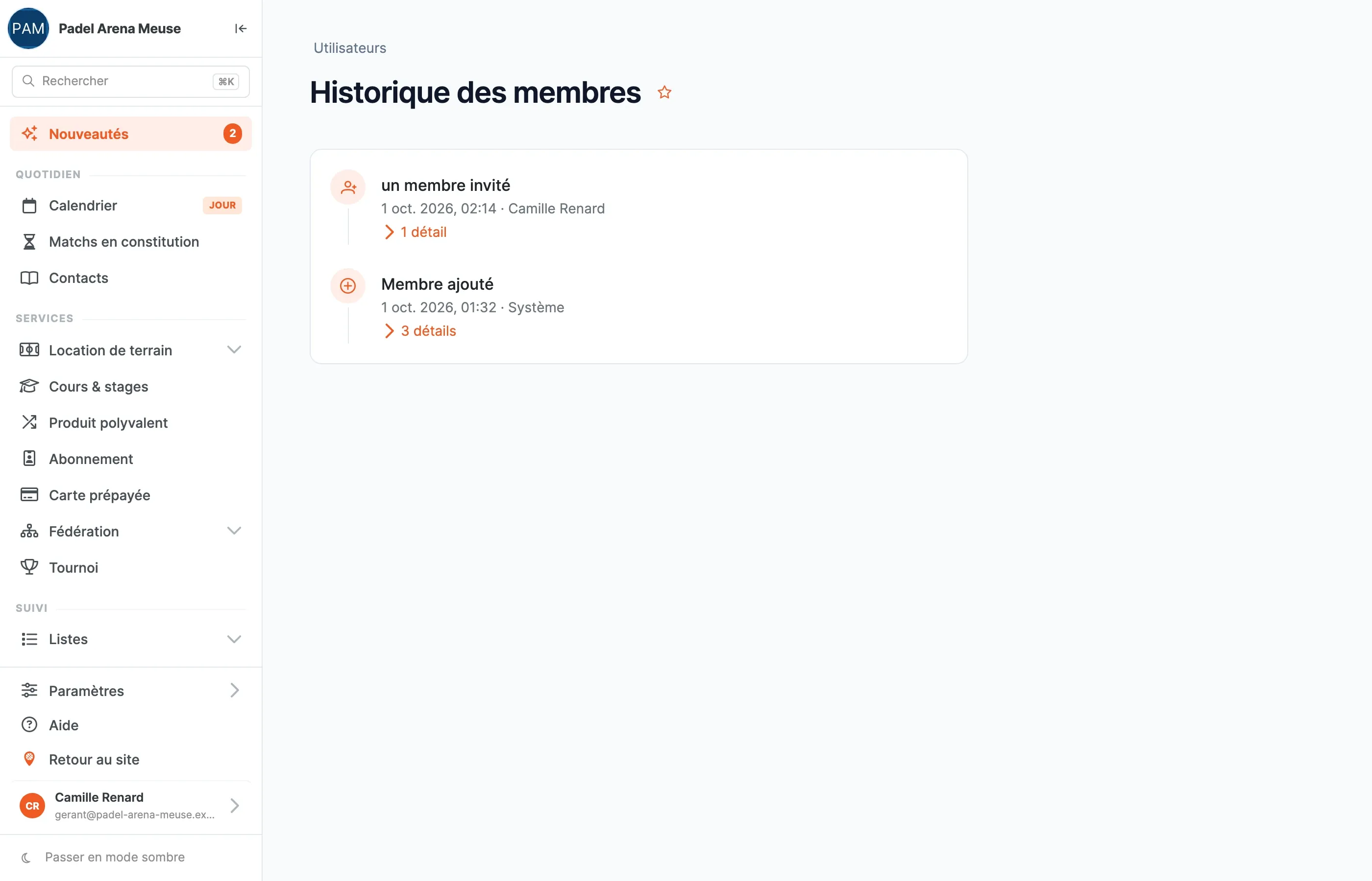 Page Historique des membres : une entrée par changement, avec sa date, son auteur et un lien vers le détail