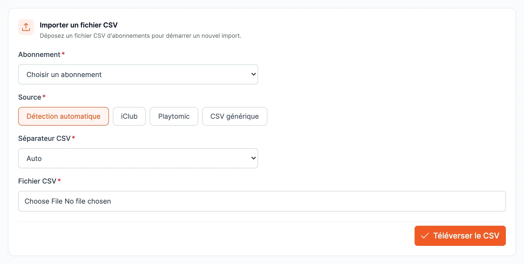 Le formulaire de l’outil Import CSV abonnements : abonnement, source, séparateur et fichier