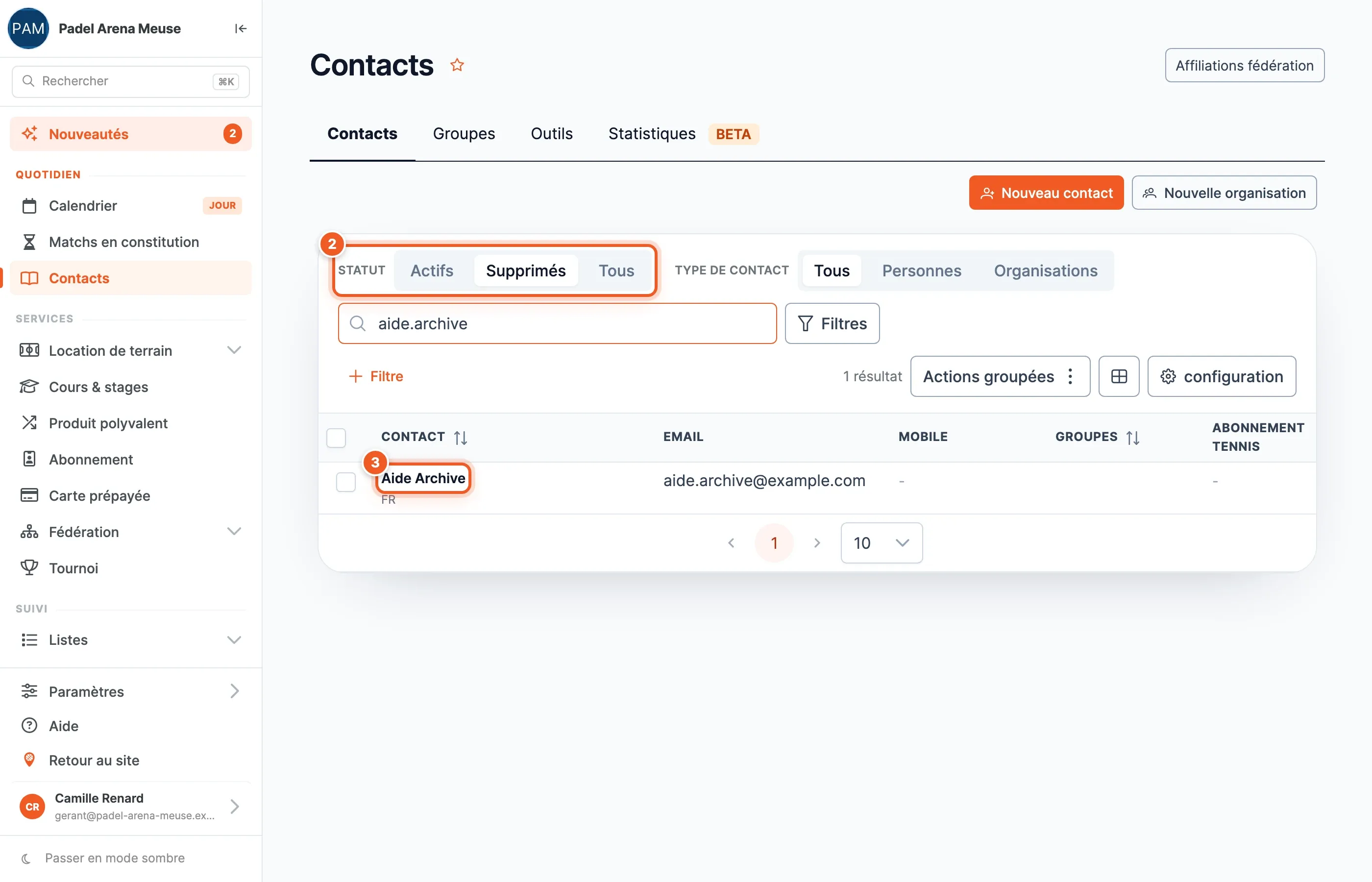 La liste des contacts filtrée sur le statut Supprimés