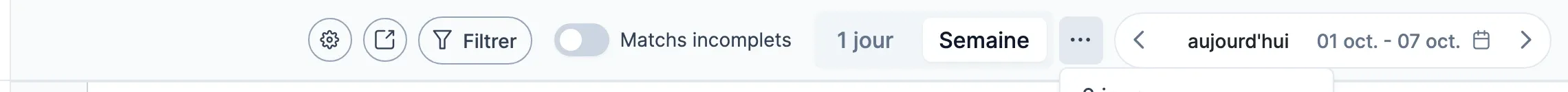 Menu des vues de 2 à 6 jours ouvert depuis le bouton à côté de Semaine