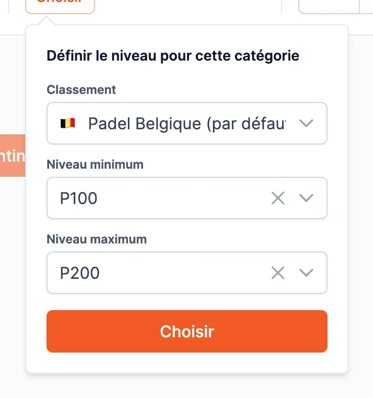 La fenêtre « Définir le niveau pour cette catégorie » : le classement Padel Belgique, le niveau minimum P100 et le niveau maximum P200