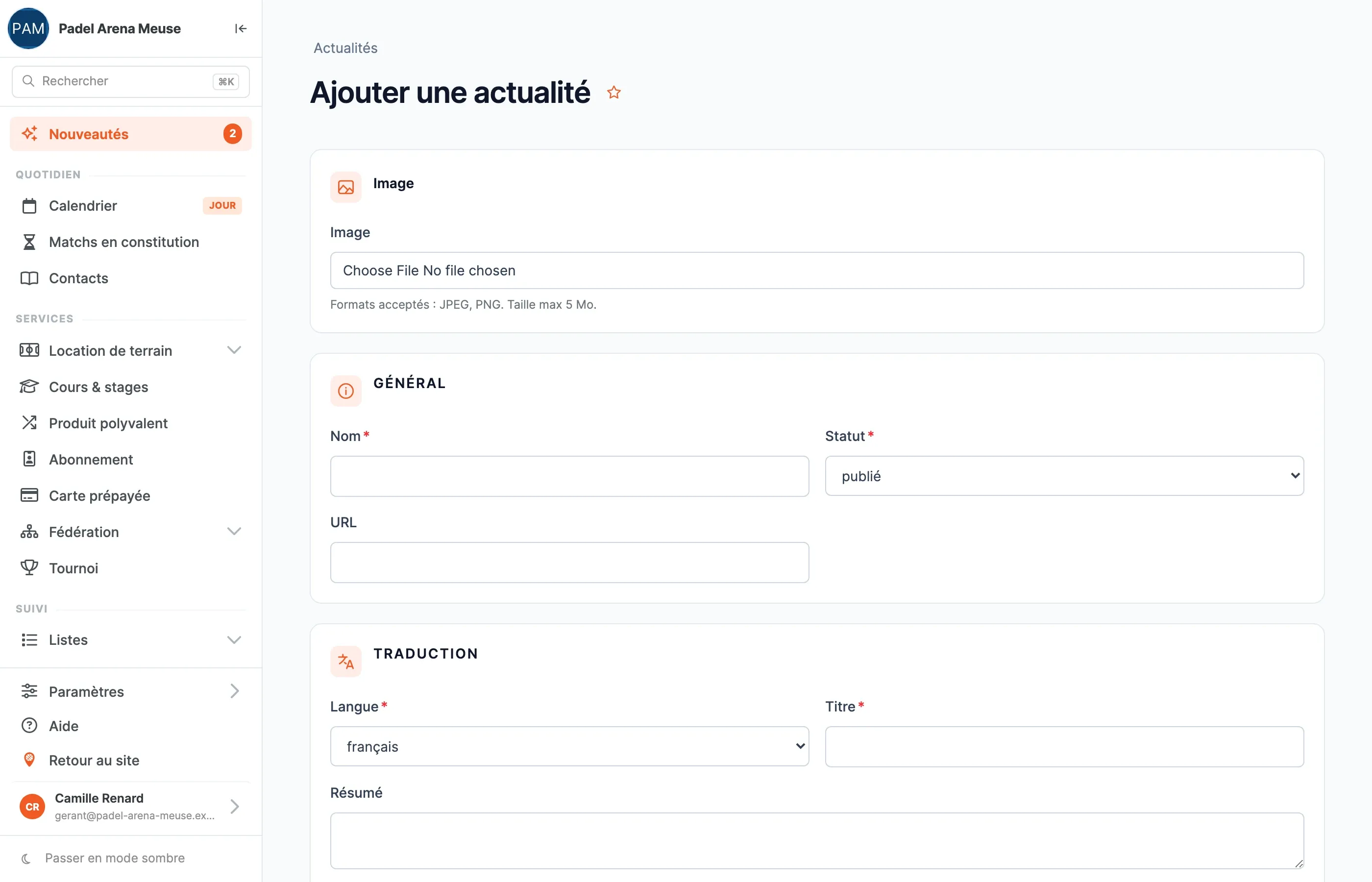 Le formulaire Ajouter une actualité : Image, bloc Général avec Nom, Statut (publié) et URL, bloc Traduction avec Langue, Titre et Résumé