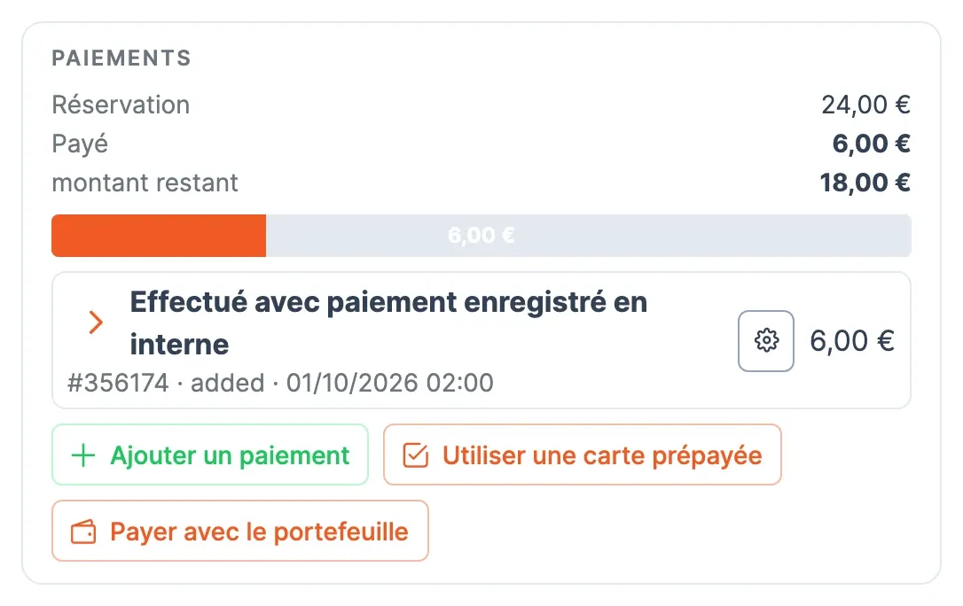 Bloc Paiements avec le paiement au club enregistré et le montant restant mis à jour