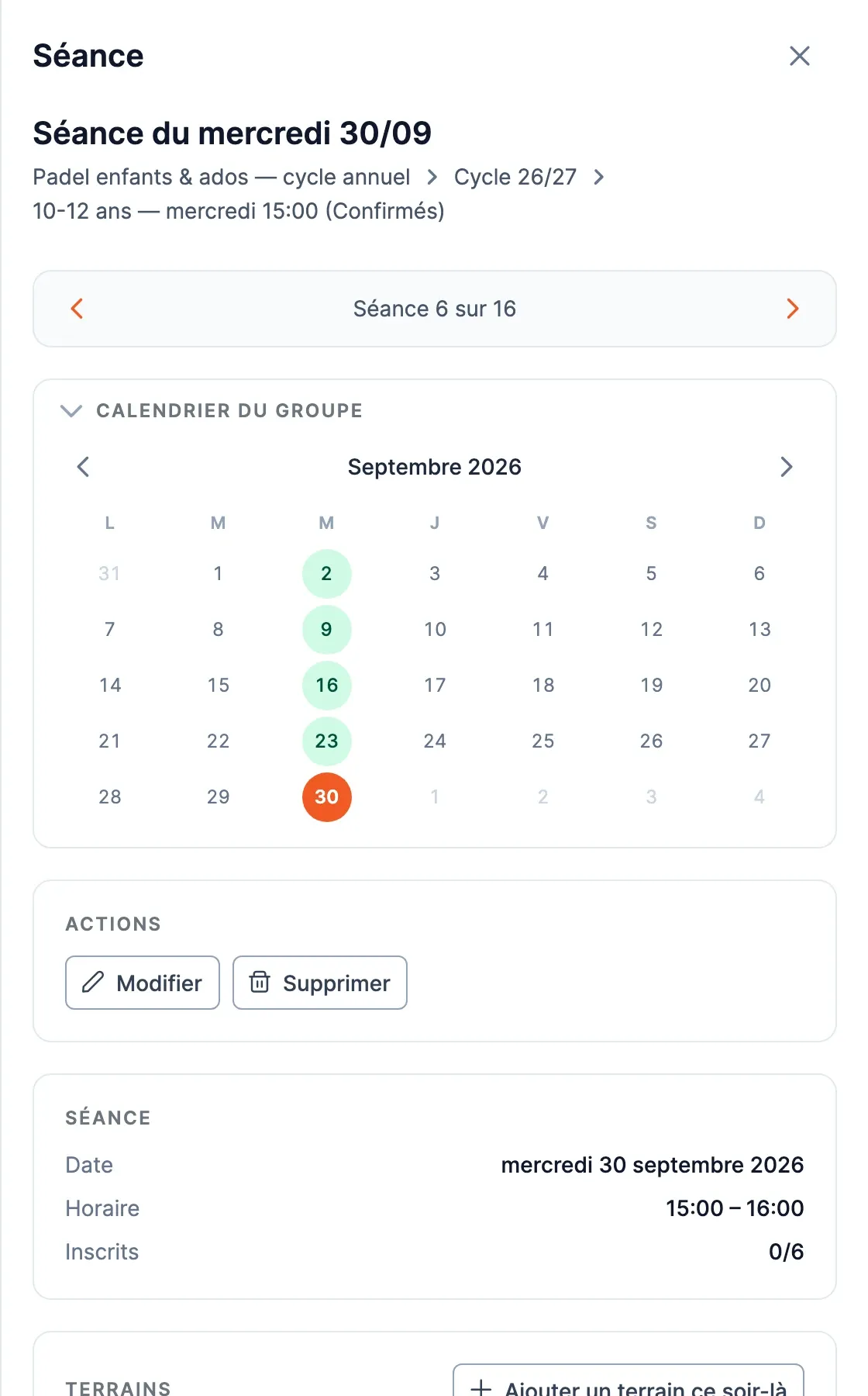 Le panneau d’une séance : position dans le groupe, calendrier du groupe, actions Modifier et Supprimer, détails de la séance