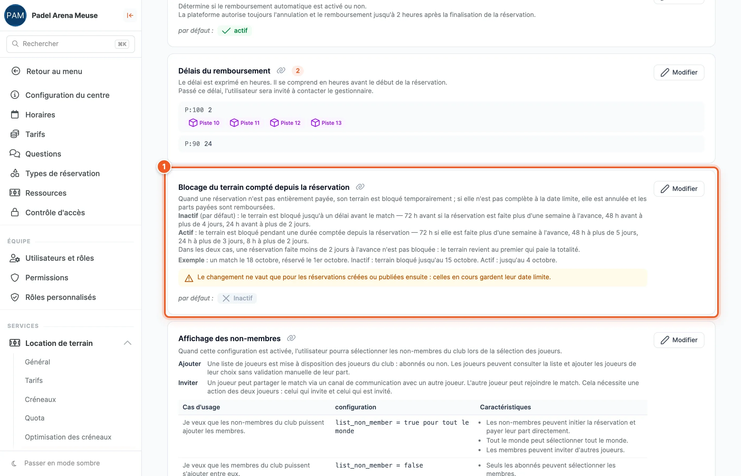 Page des paramètres avancés de la location de terrain, carte « Blocage du terrain compté depuis la réservation » repérée