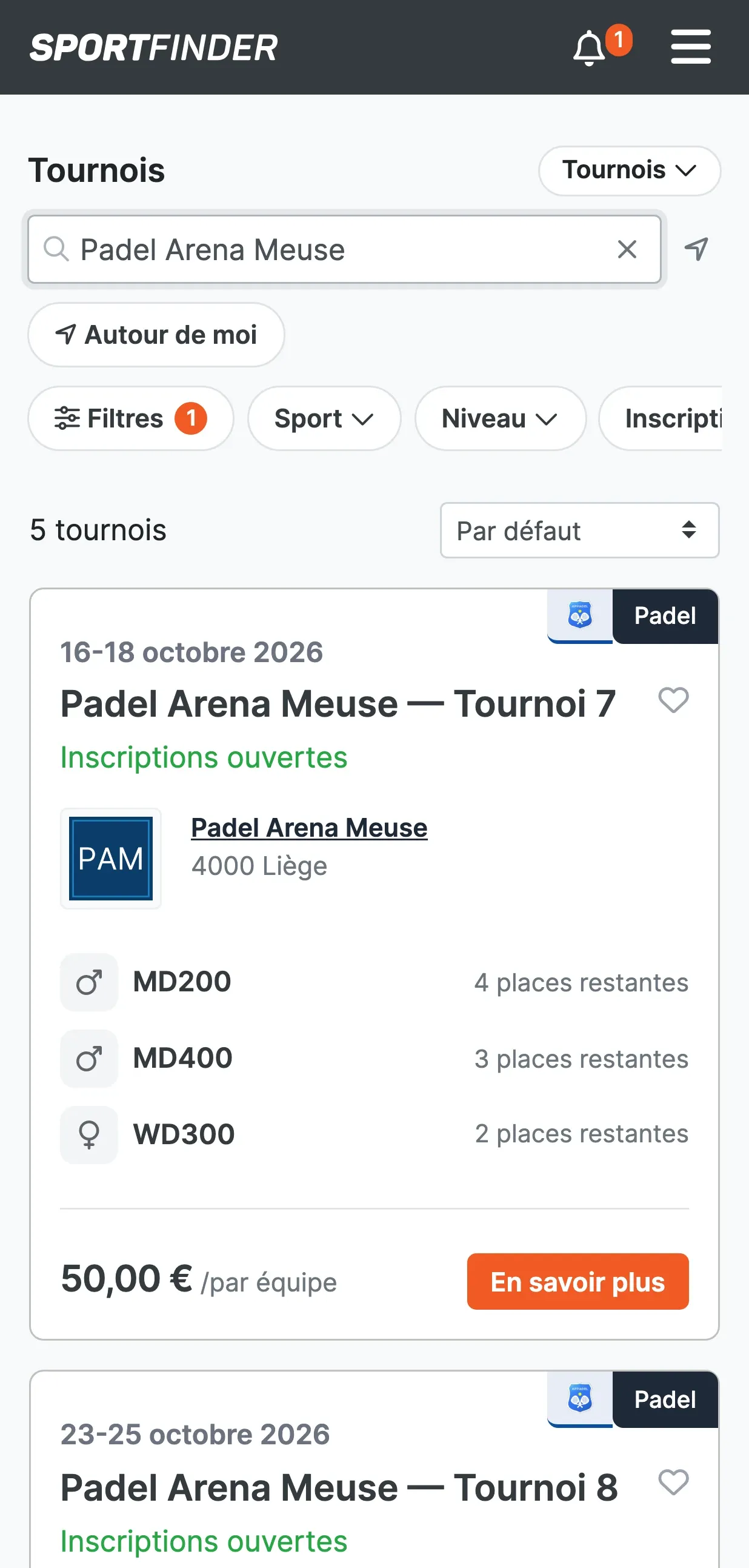 Liste des tournois filtrée sur le club Padel Arena Meuse : les tournois du club, avec leurs dates, leurs catégories et le statut « Inscriptions ouvertes ».