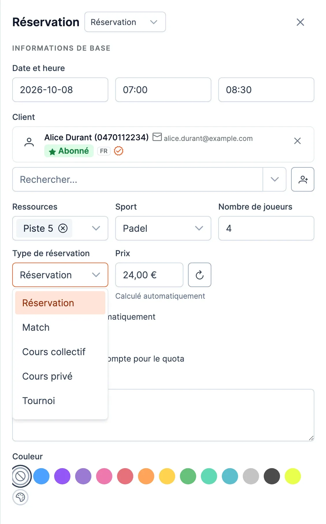 Liste Type de réservation dépliée : Réservation, Match, Cours collectif, Cours privé, Tournoi…