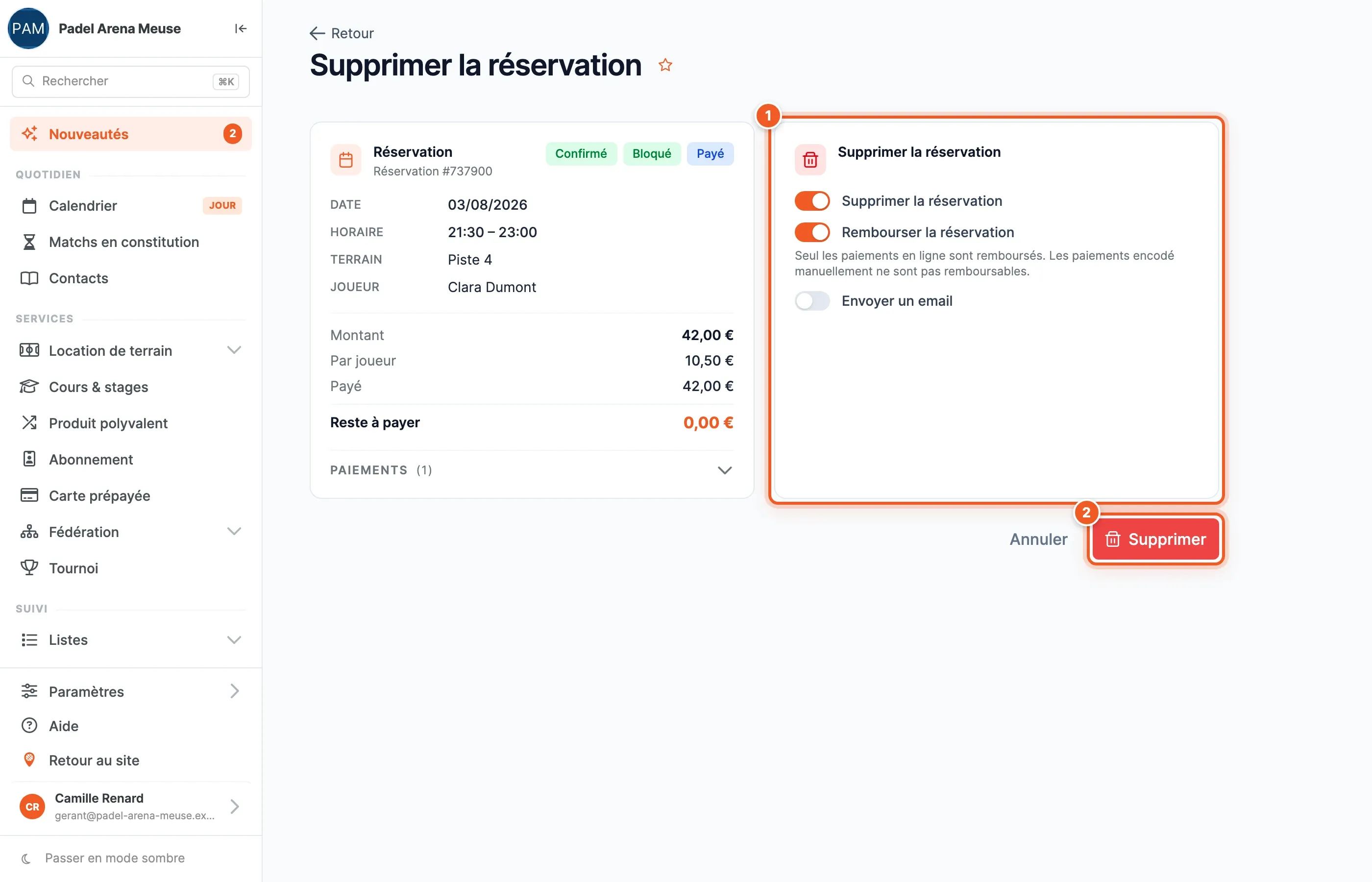 Page « Supprimer la réservation » : récapitulatif à gauche, interrupteurs Supprimer la réservation, Rembourser la réservation et Envoyer un email (1), bouton Supprimer (2)
