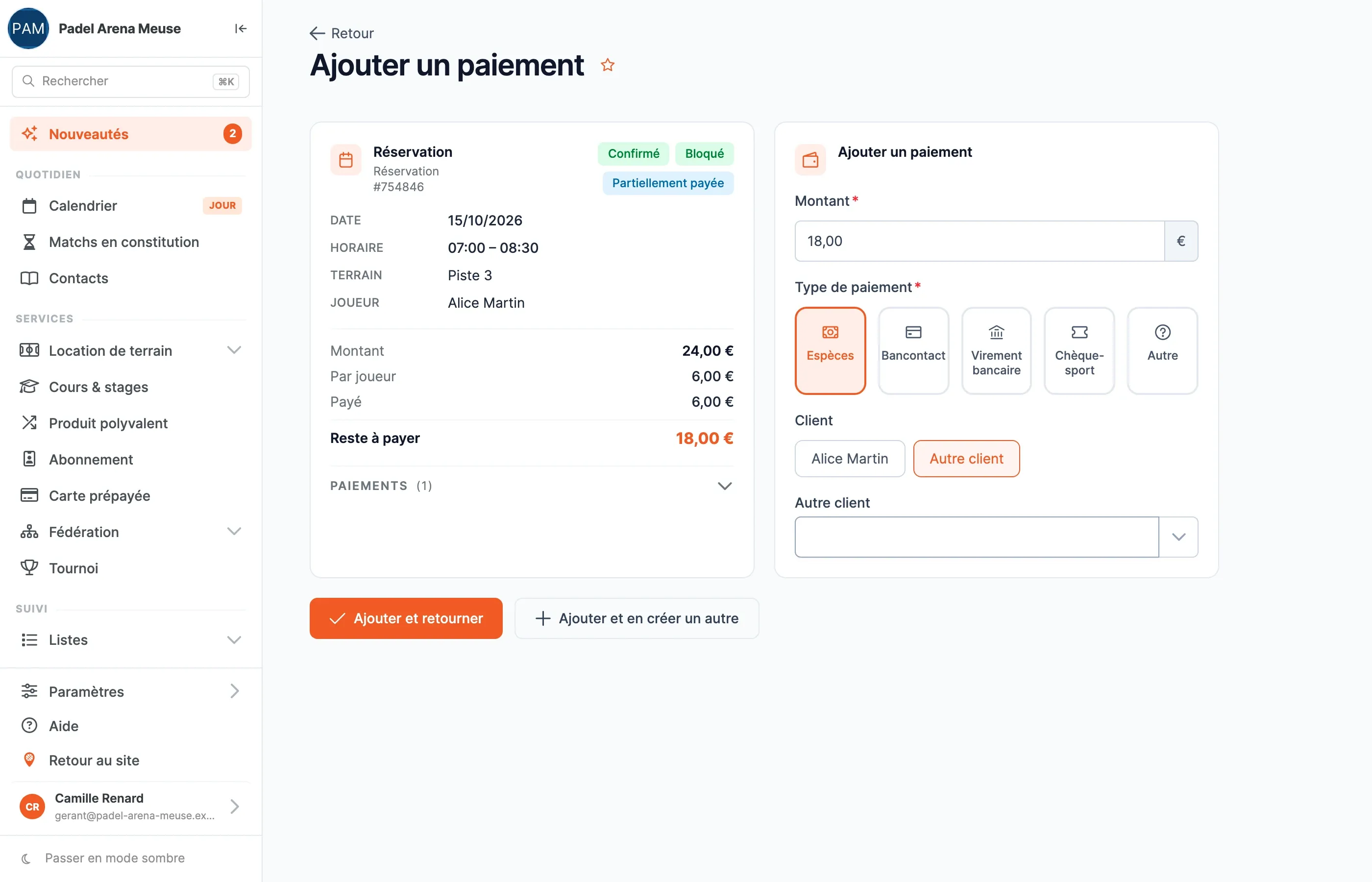 Page Ajouter un paiement : Montant, Type de paiement, Client, boutons Ajouter et retourner et Ajouter et en créer un autre