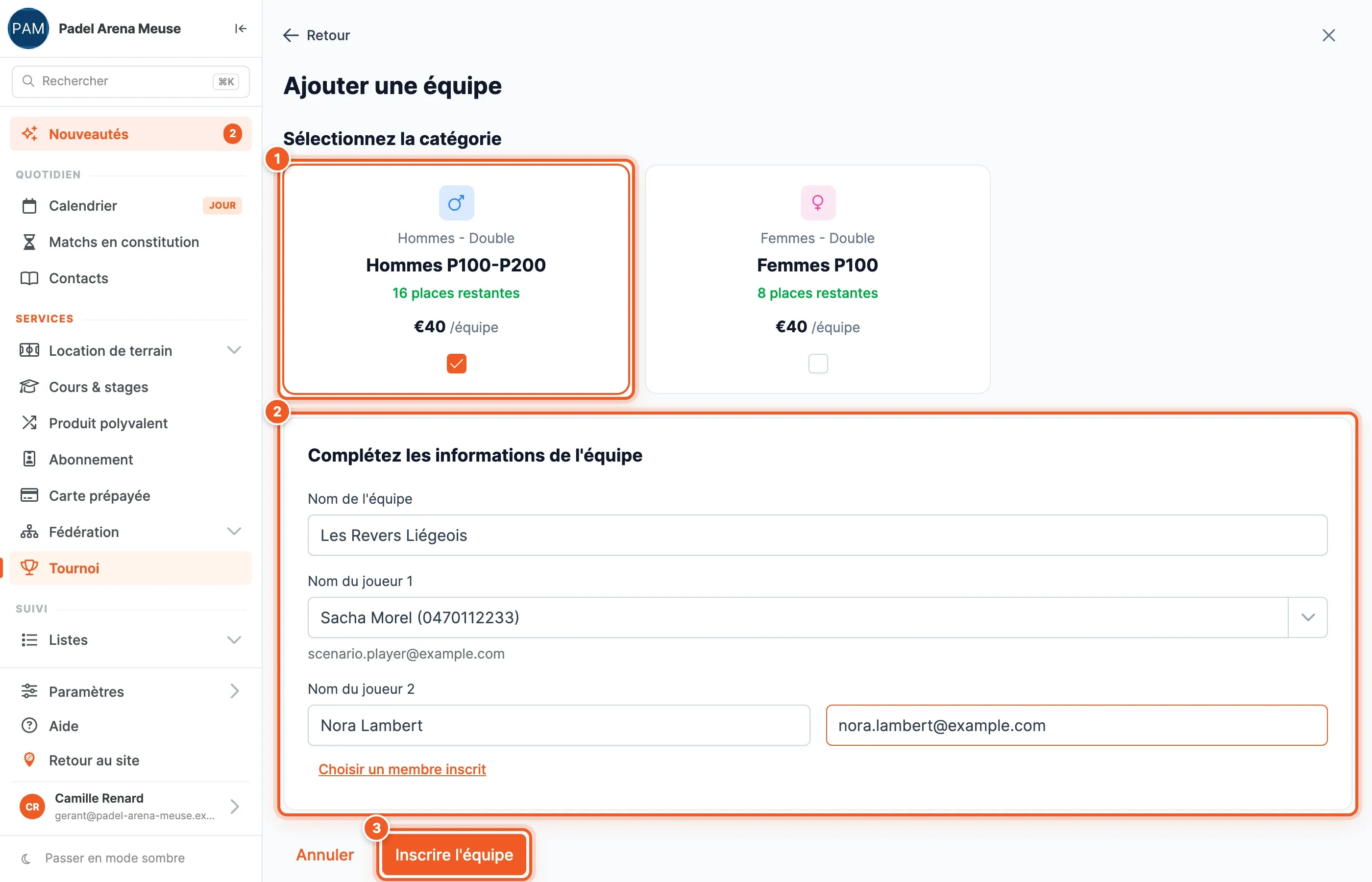 L'écran Ajouter une équipe : la carte de catégorie choisie, le nom d'équipe, le joueur 1 trouvé parmi les membres et le joueur 2 saisi comme invité